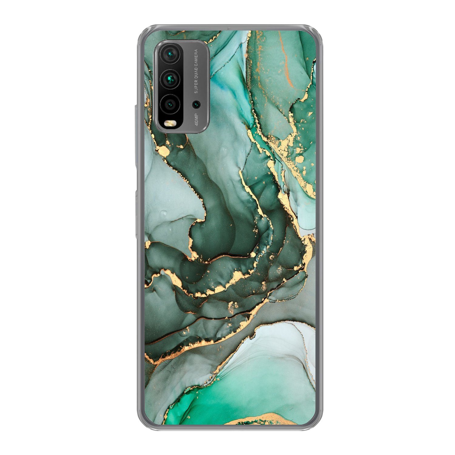 MuchoWow Handyhülle für Xiaomi Redmi 9T Gold - Marmor - Grün - Luxus - Marmoroptik - Grau, Phone Case, Silikon, Schutzhülle Dünn