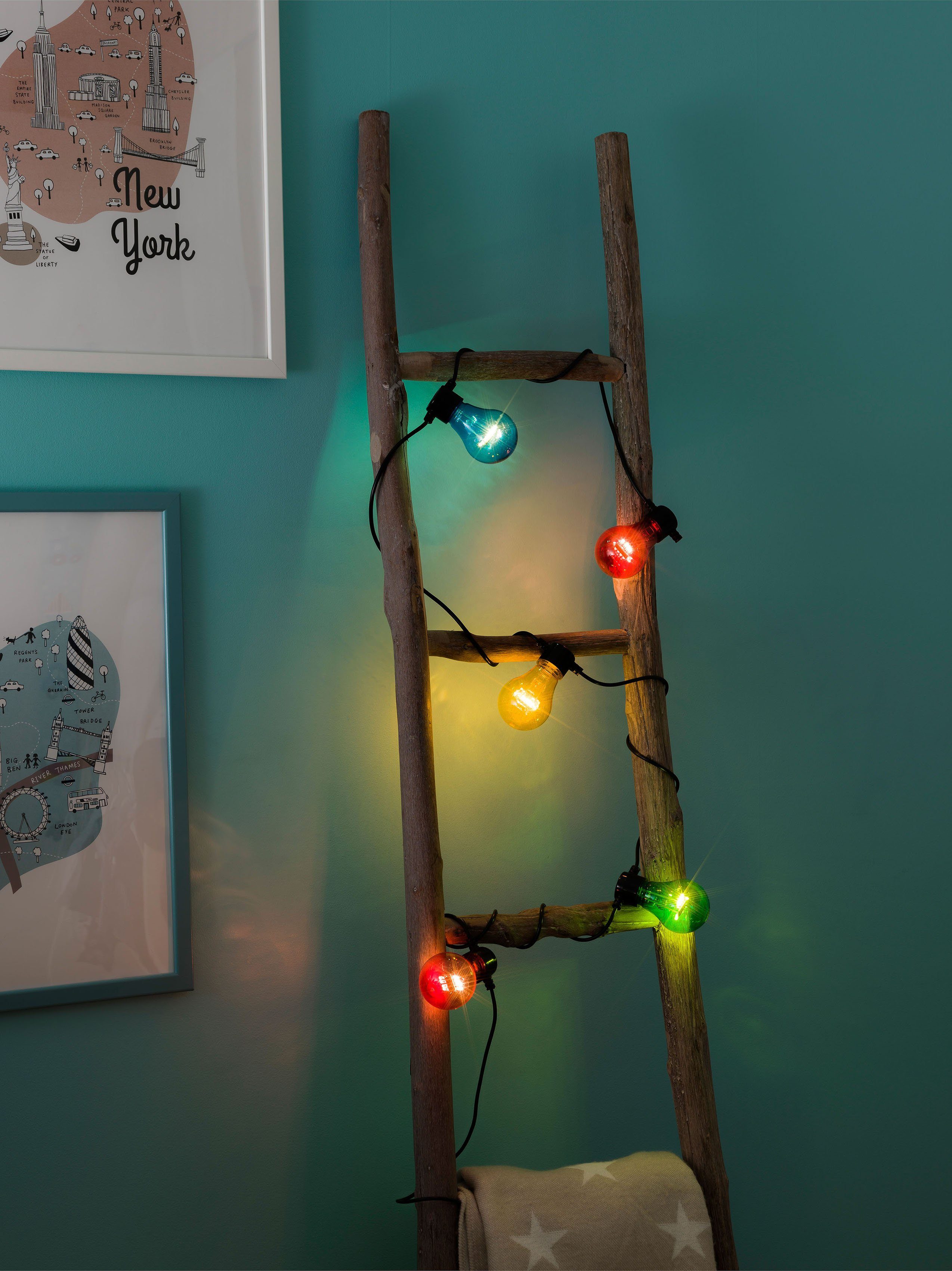 KONSTSMIDE LED-Lichterkette Weihnachtsdeko aussen, 5-flammig, LED Biergartenkette, 5 bunte Birnen / 40 warm weiße Dioden Mehrfarbig