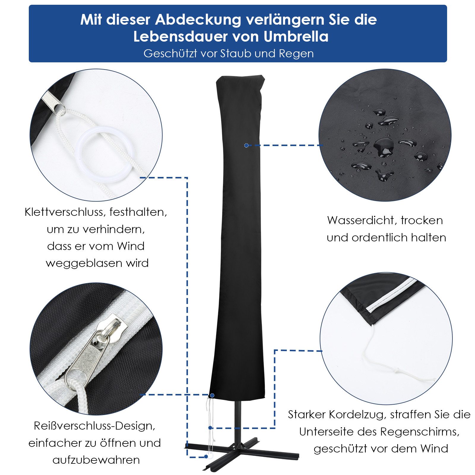 Clanmacy Sonnenschirm-Schutzhülle Sonnenschirm-Schutzhülle für Ampelschirm 2.7m/3m/3.5m Cover Abdeckung (Schutzhülle, Abdeckung, Plane, Schutz, Cover Abdeckung  – Bild 3 von 5