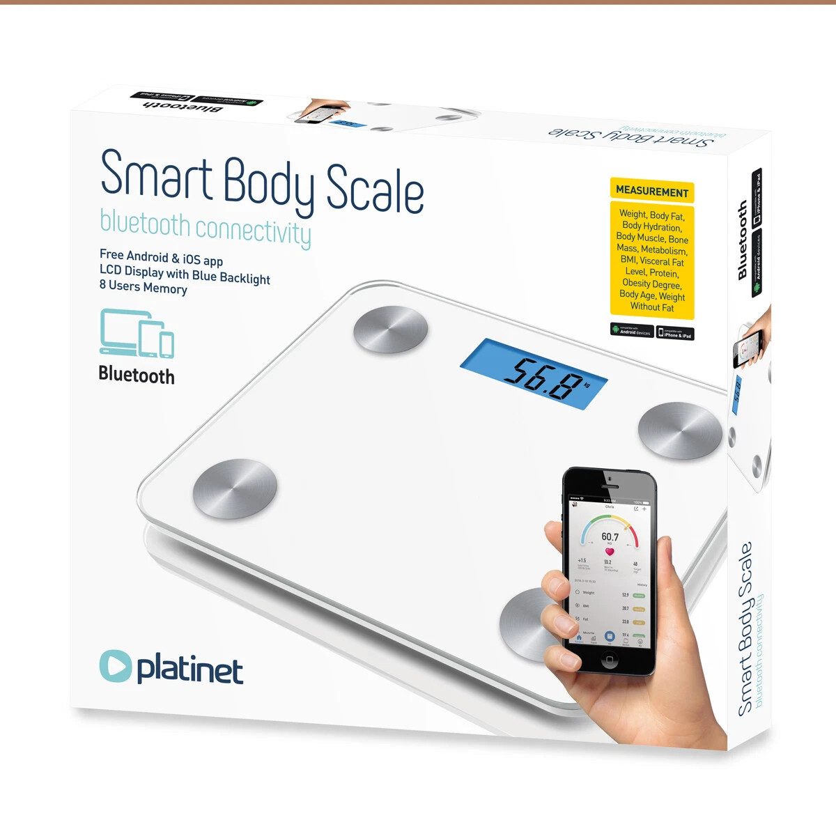Platinet Personenwaage PBSBTW, Körperwaage mit 2 AAA Batterien, Bluetooth App mit 8 Benutzerprofilen