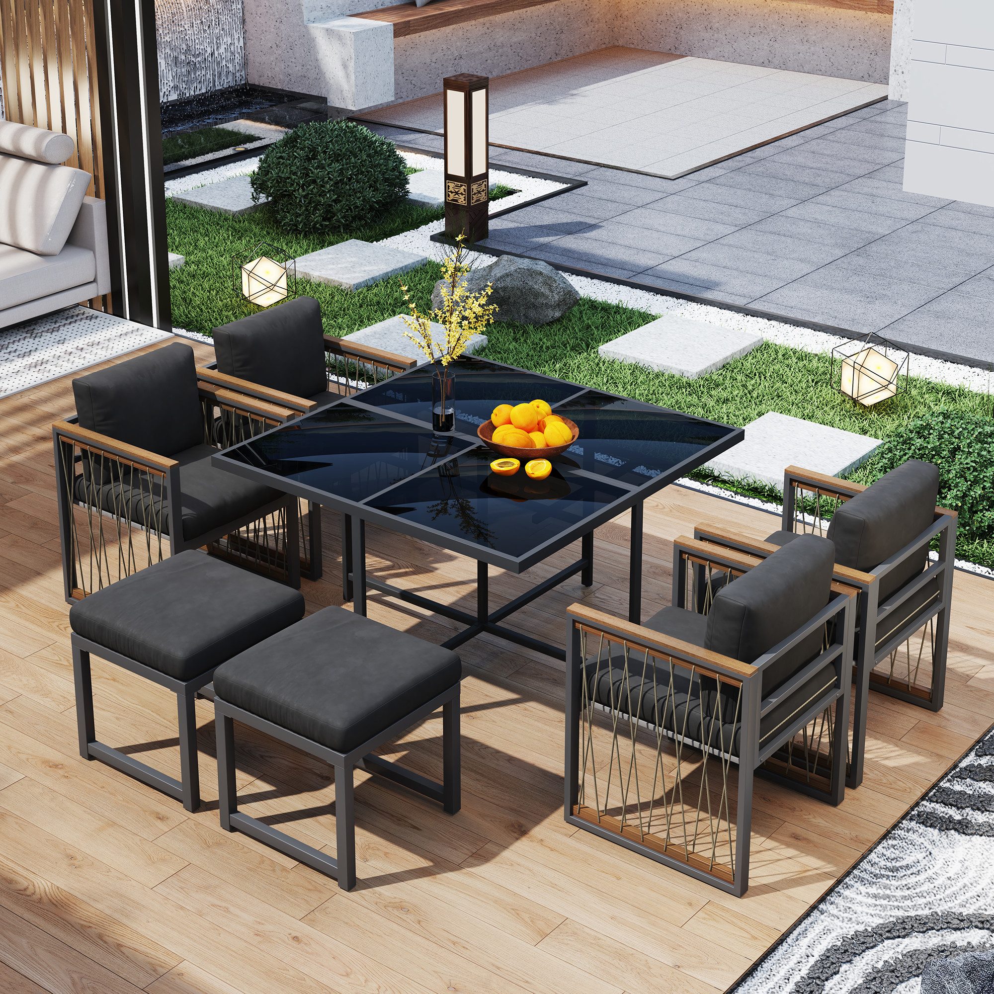 Totnz Gartenlounge-Set 7-er Gartenmöbel-Set für 6 Personen mit gehärteter Glas-Tischplatte, (Tisch aus gehärtetem Glas, Handläufe aus Kunststoff und Holz), geeignet für Mahlzeiten im Hinterhof, Gartenterrasse