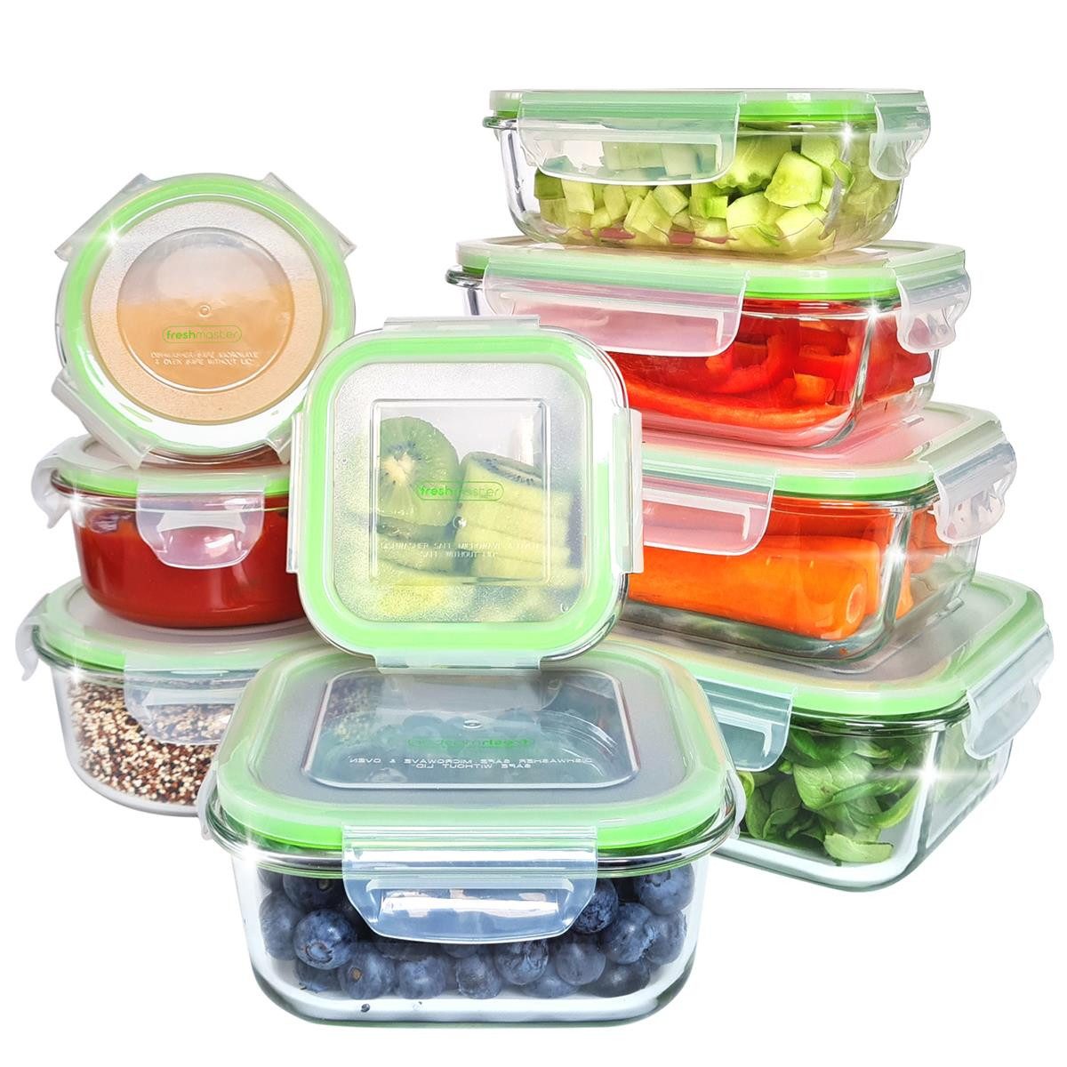 Fresh Master Frischhaltedose 18 tlg. Glas Vorratsdosen Set Frischhaltedosen auslaufsicher luftdicht, Borosililatglas, (Spar-Set, 18-tlg), 100% auslaufsichere + luftdichte Vorratsdosen mit Deckel