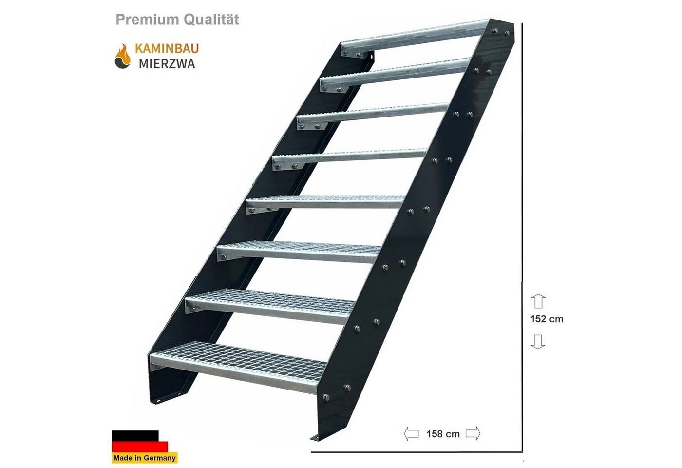 Thumbnail - Kaminbau Mierzwa Außentreppe Premium Treppe Anthrazit mit und ohne Geländer, für Geschosshöhen bis 152.00 cm, Stufen Git...