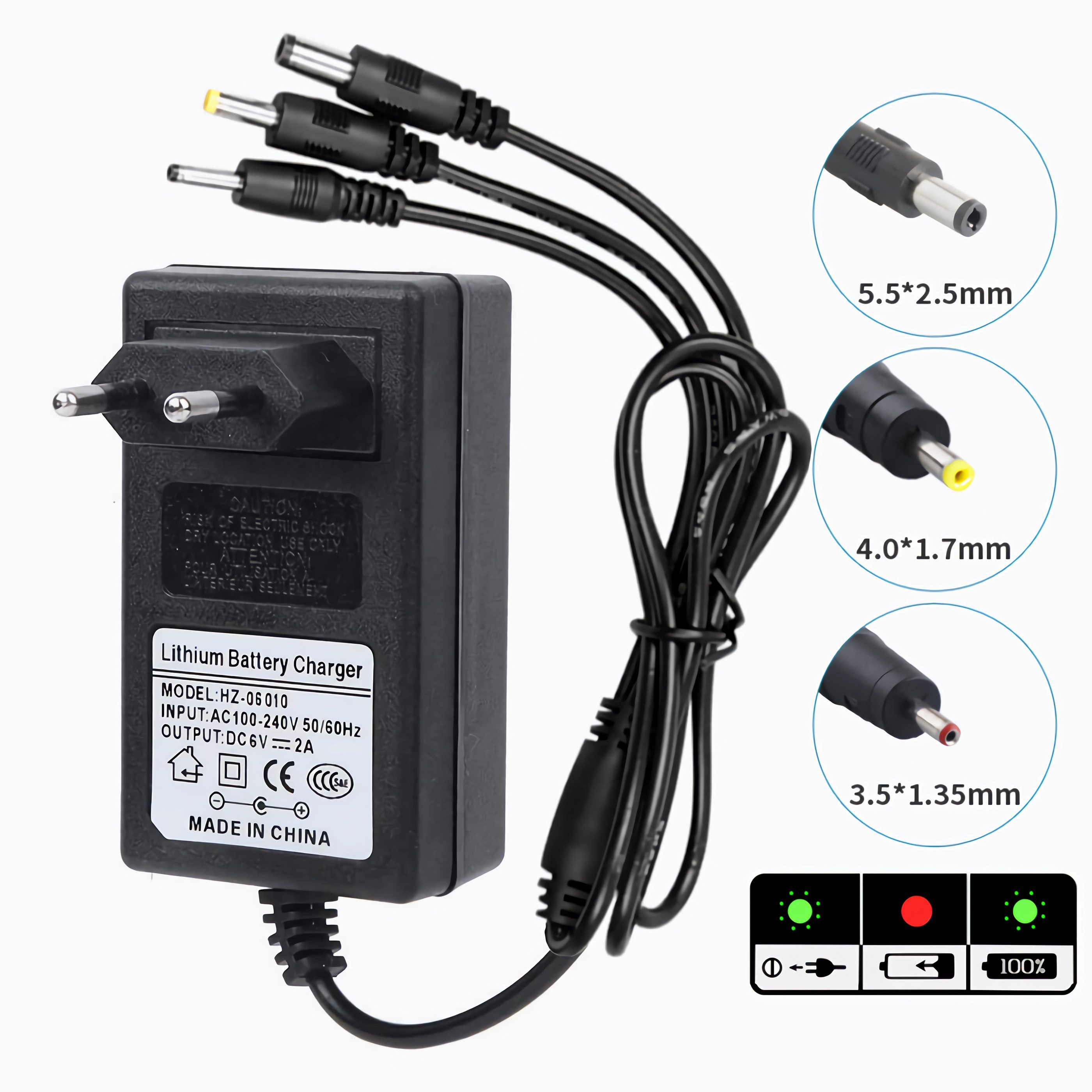 Bolwins R23C 6V2A Ladegerät Charger Netzteil Kinderfahrzeug Auto Motorrad Quad Universal-Netzteil (3-in-1 DC-Stecker (5.5×2.5 / 4.0×1.7 / 3.5×1.35 mm),6V 2A)