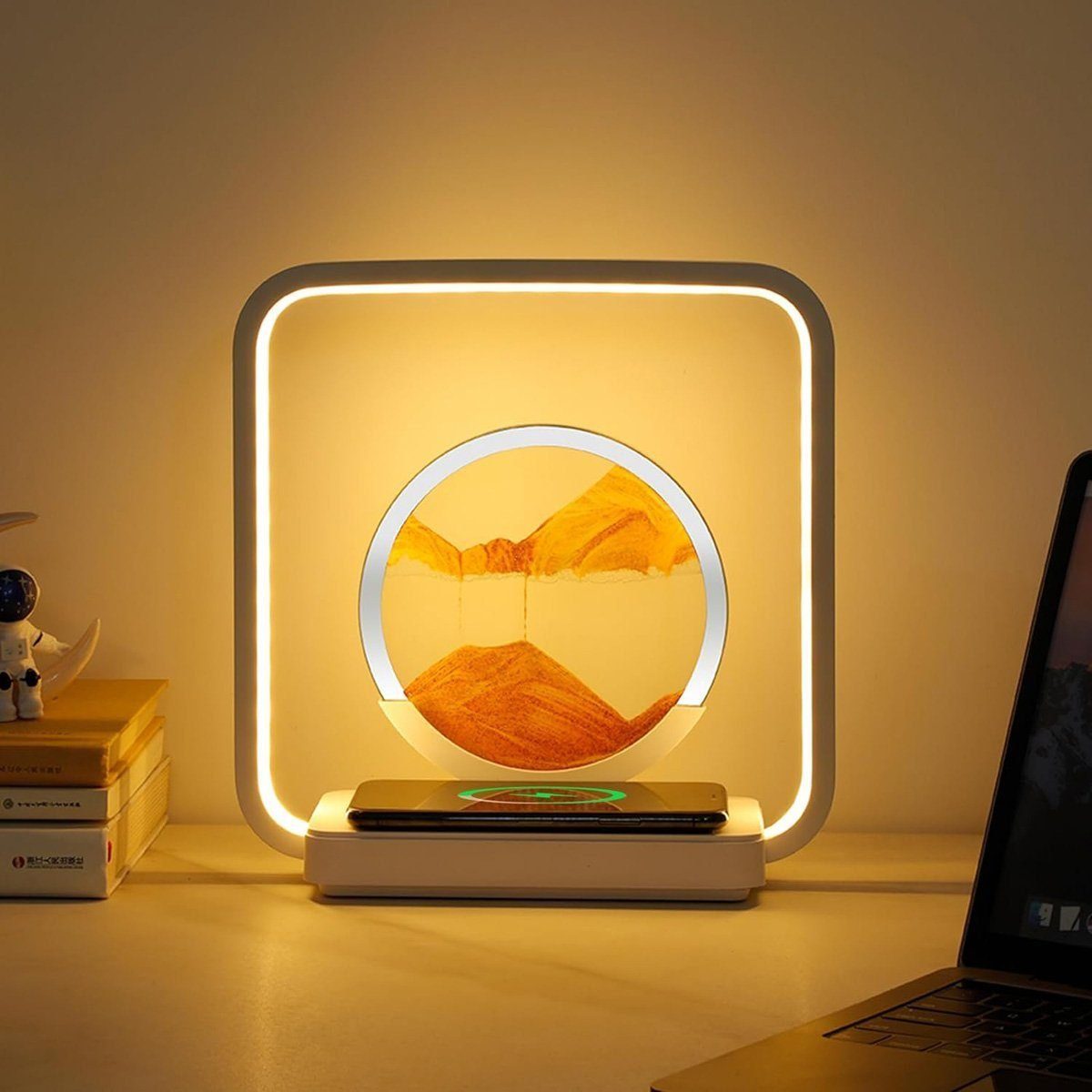 yozhiqu LED Schreibtischlampe 3D-Treibsand-Malerei-Nachtlicht – Dekoration mit Touchscreen-Steuerung, 15 W schnelles kabelloses Laden, Touch-Einstellschalter,Heimdekoration
