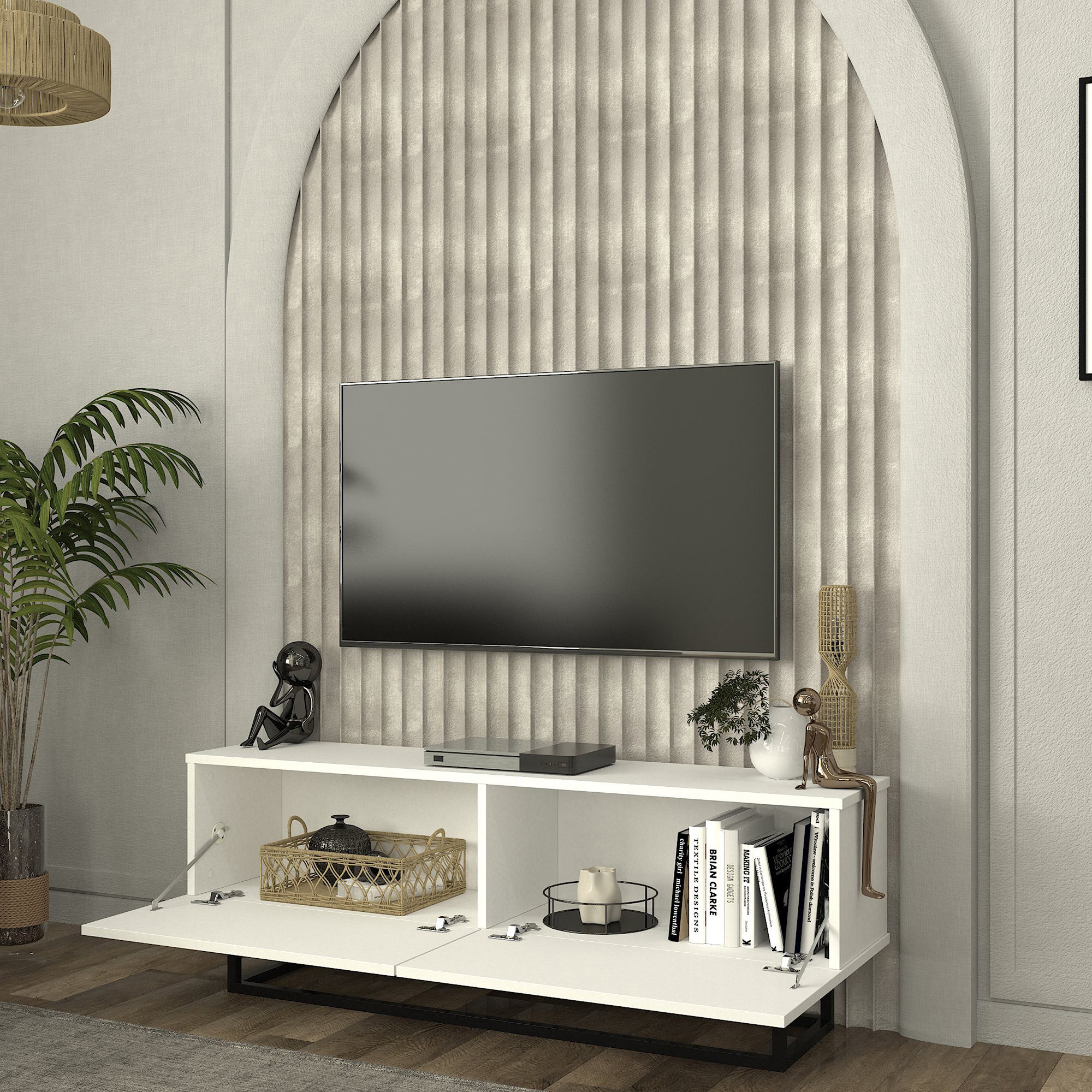 en.casa TV-Schrank »Nolven« kurzes Gestell 135 x 32 x 47 cm Weiß günstig online kaufen