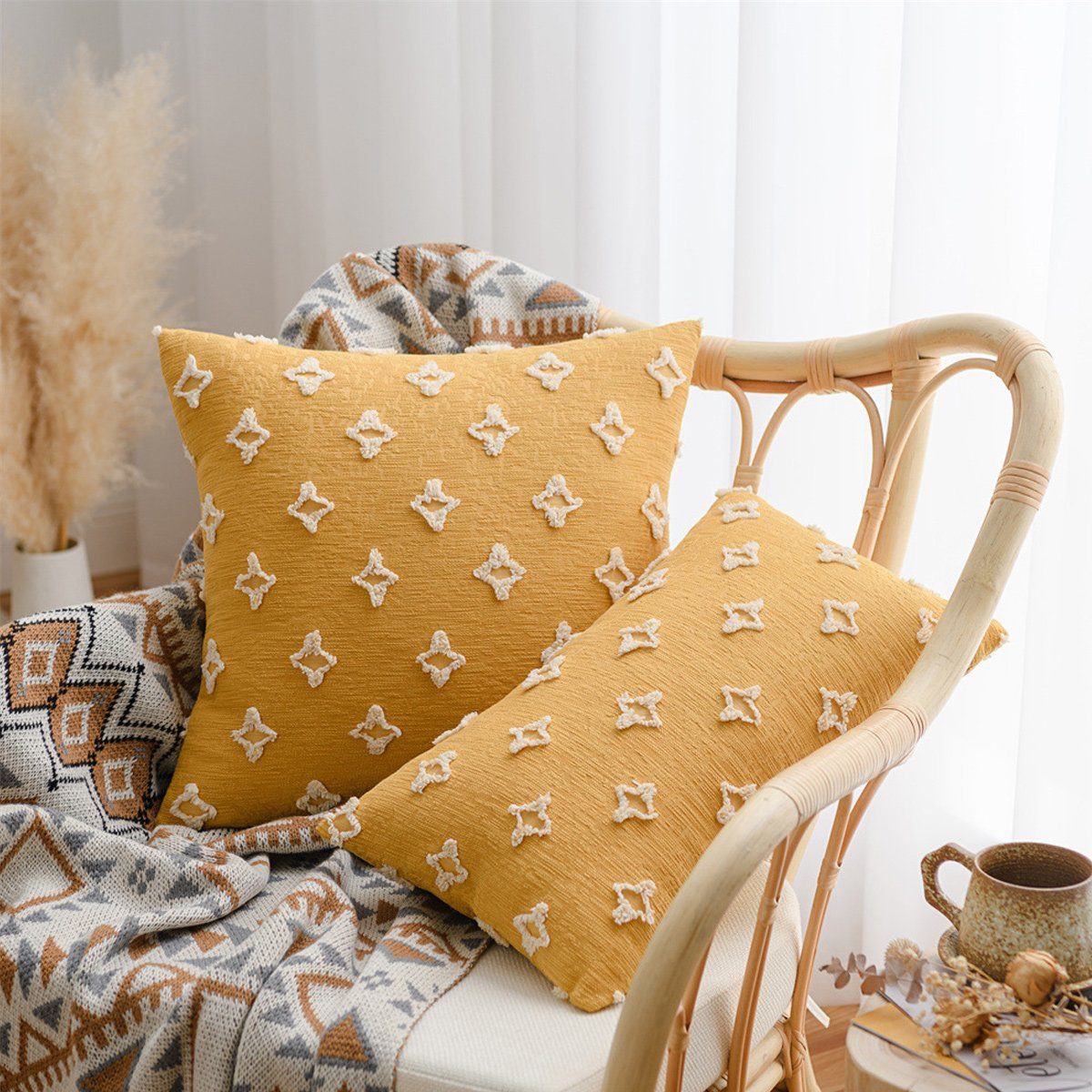 Jormftte Jacquard,für Sofa,Bett, Kissenbezüge,rhombischer Gelb dekorative Kissenbezüge 2pcs