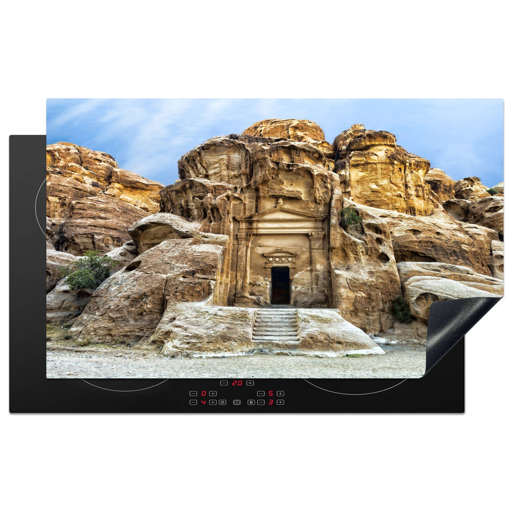 MuchoWow Herdblende-/Abdeckplatte Tempel in Petra Jordanien, Vinyl, (1 tlg), 83x51 cm, Ceranfeldabdeckung, Arbeitsplatte für küche | Herdabdeckplatten
