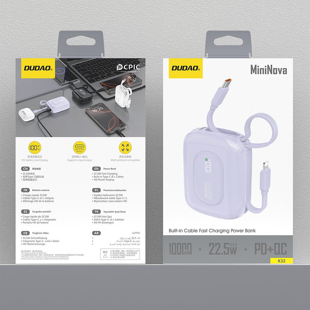 Dudao Taschenakku Schnelllader Powerbank 10000 mAh (1 St), 22,5W PD-Laden, USB-C & Lightning Kabel integriert