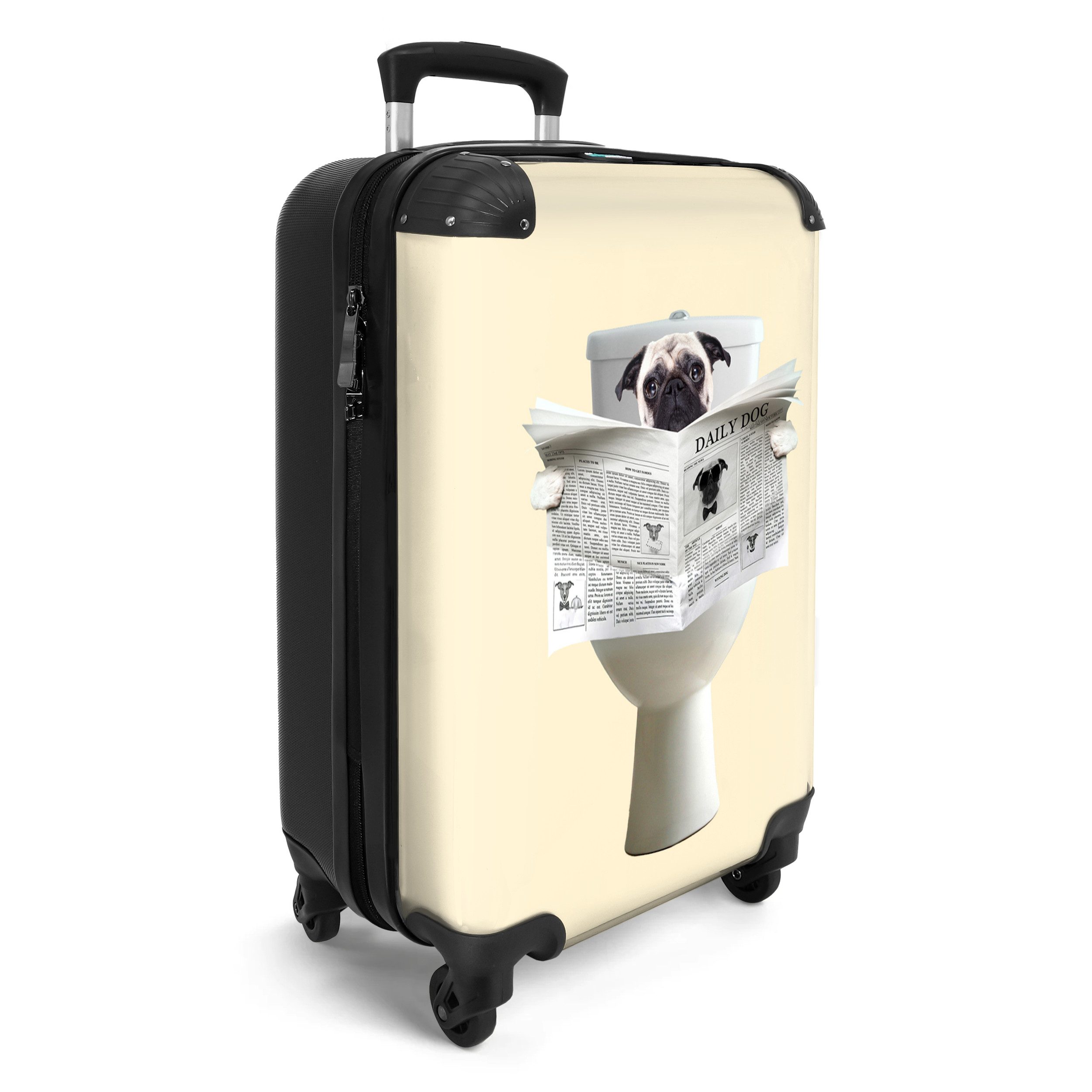 NoBoringSuitcases.com© Hartschalen-Trolley Hund - Mops - Toilette - Zeitung - Tier 55x35x20cm, 4 Rollen, Kinder Koffer Klein, Trolley Handgepäck, Reisekoffer