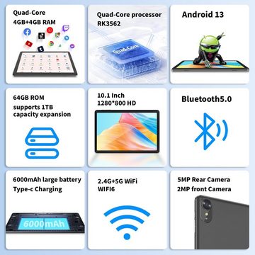 JIKOCXN Quad Core Prozessor 8GB RAM Tablet (10", Android 13, Mit den besten und erstaunlichsten Funktionen, attraktivem Design)