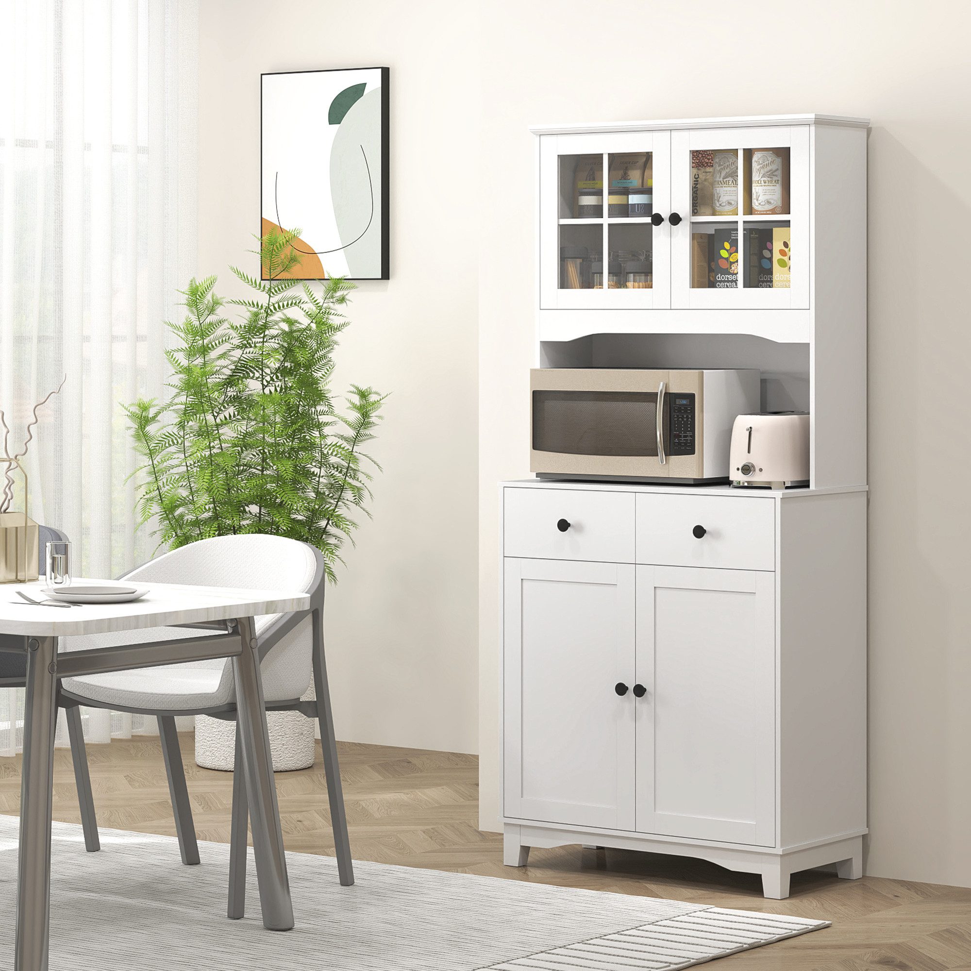 HOMCOM Küchenbuffet Küchenschrank, Arbeitsplatte, Mikrowellenschrank verstellbar (Vitrinenschrank, 1-St., Hochschrank) Buffetschrank für Wohnzimmer, Esszimmer, Weiß