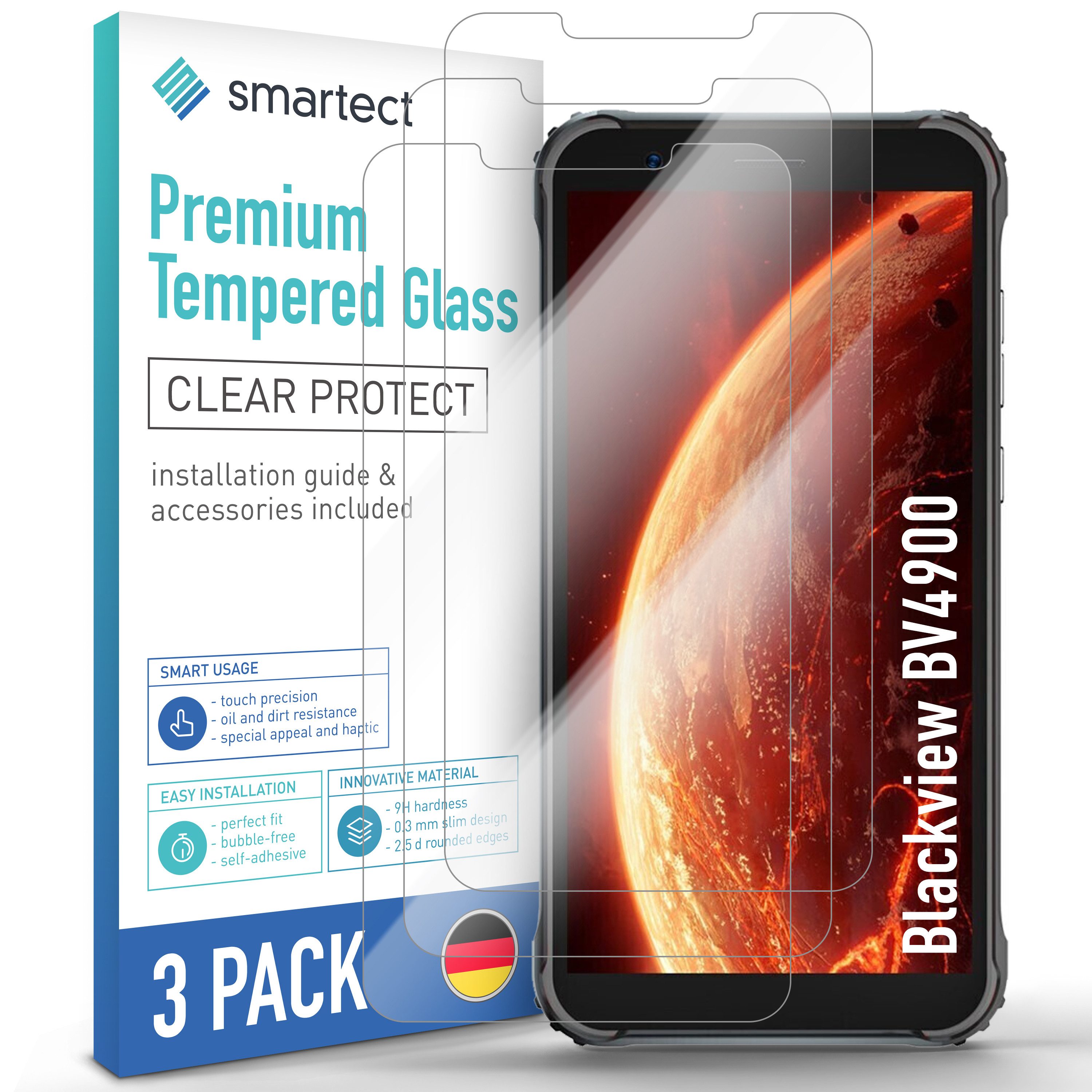smartect Displayschutzglas Schutzglas Panzerfolie Klar für Blackview BV4900 / BV4900S, Set, 3 Stück, Schutzfolie Glasschutz Bildschirm