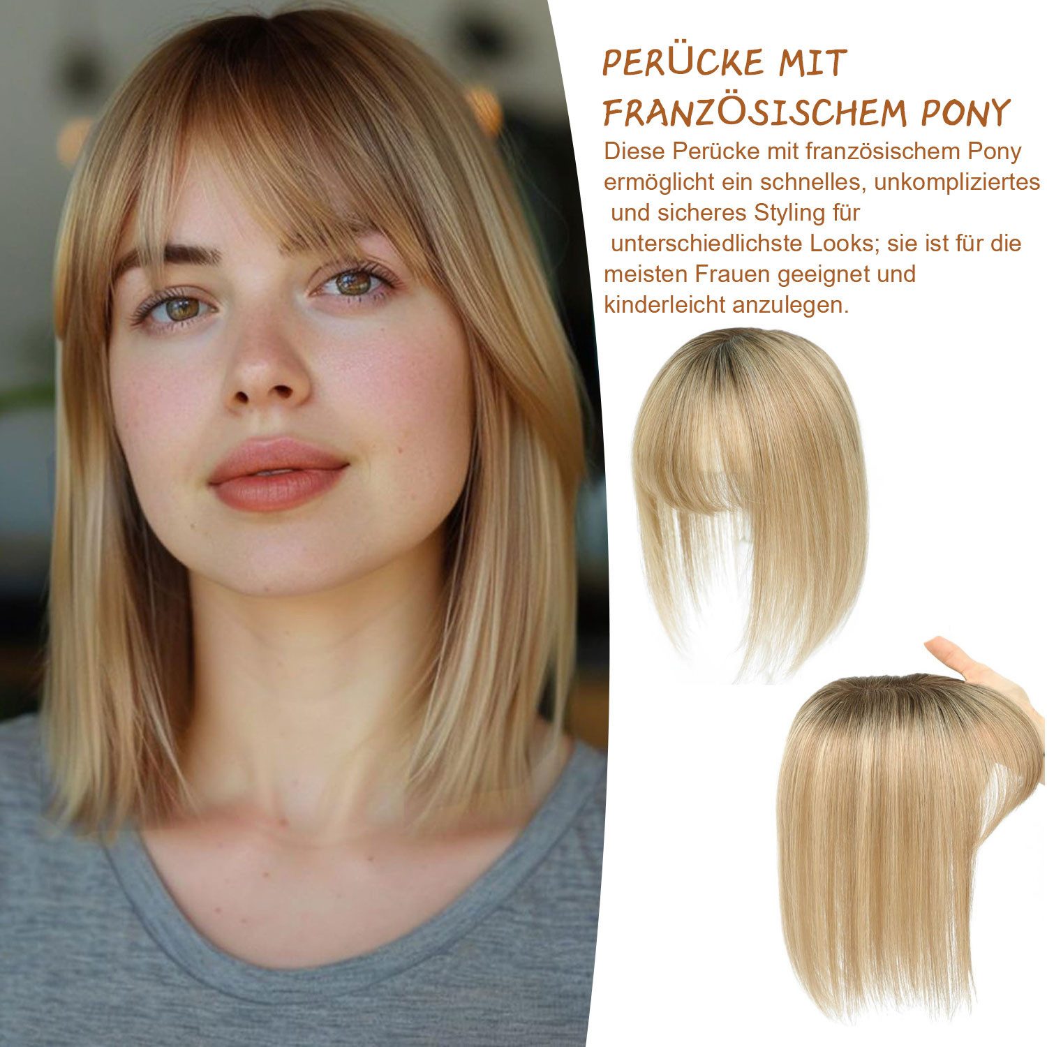 Refttenw Kunsthaarperücke Toupets für Frauen mit Pony,Clip in Haarteile,Toupet Damen,Seidenbasis