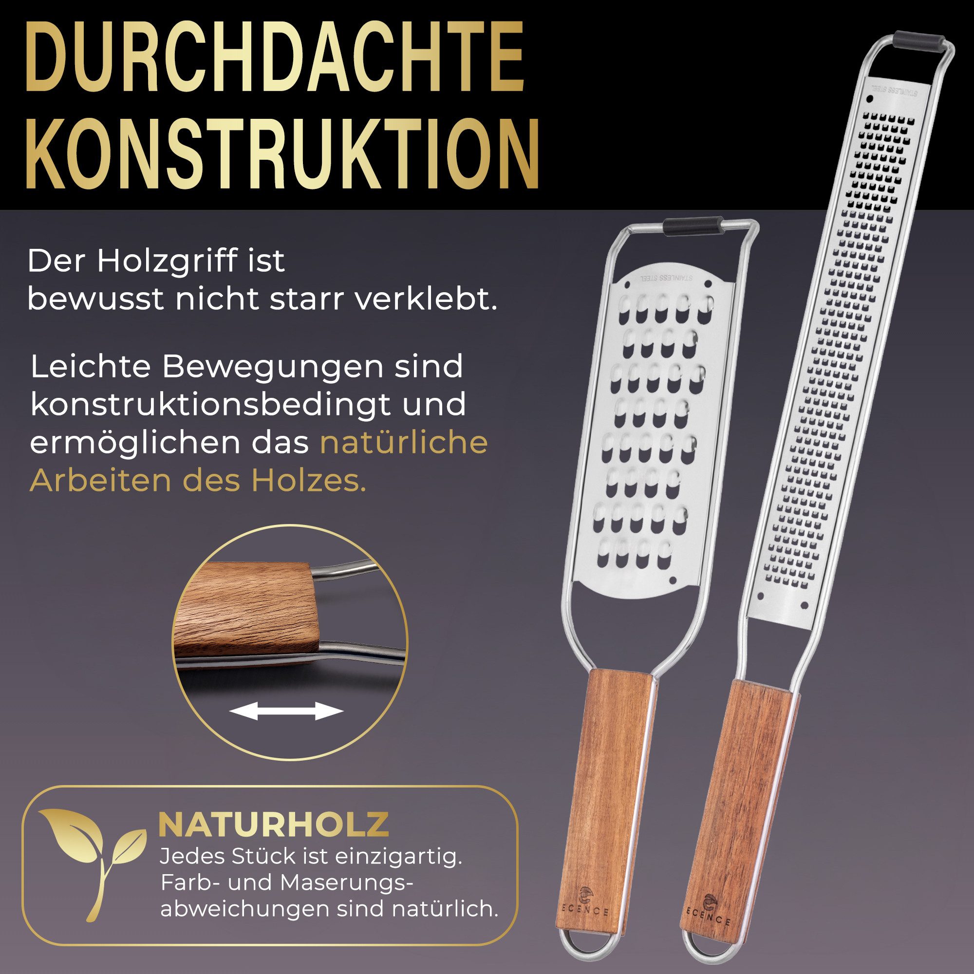 ECENCE Käsereibe Küchenreiben Set 2-teilig Edelstahl mit Akazienholzgriff, fein & grob – Bild 4 von 5