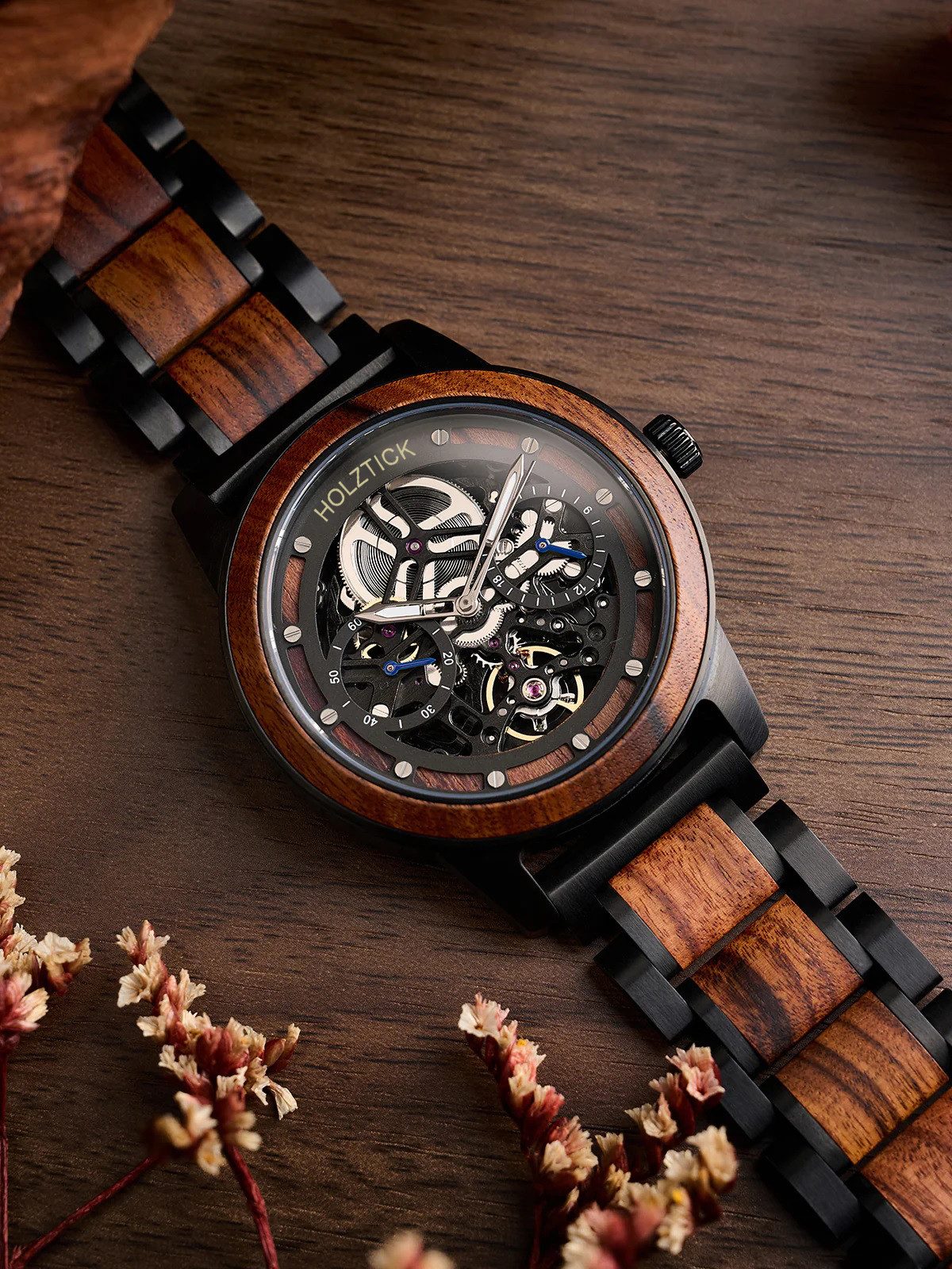 Holztick Bavaria Automatikuhr Morpheus MORPHEUS, kompletter Blick auf das bewegliche Innenleben