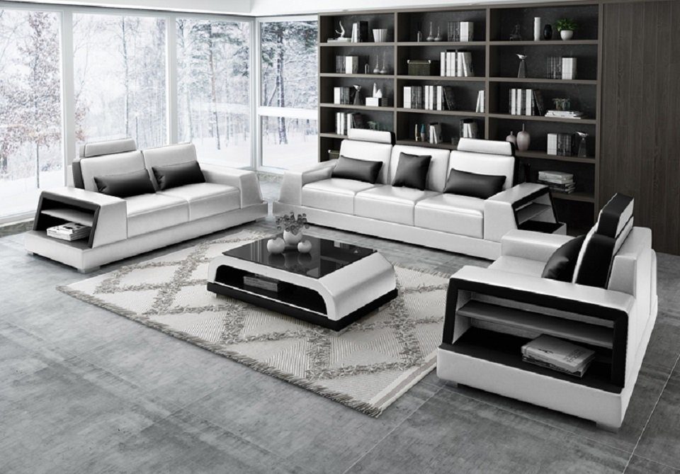 Moderne, Made Europe Sitzer Weiß/Schwarz JVmoebel Sofagarnitur Leder Couchen in Sofas Polster 3+3 Sofa Design