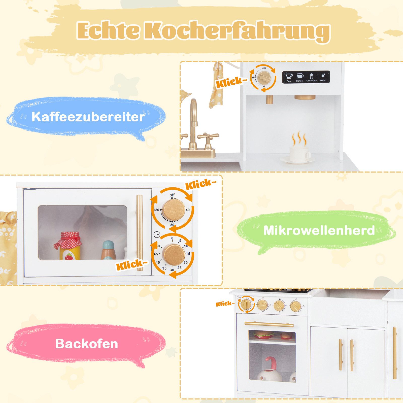 COSTWAY Spielküche Holz, Kinderküche aus Holz, mit Ofen, Spüle, Herd