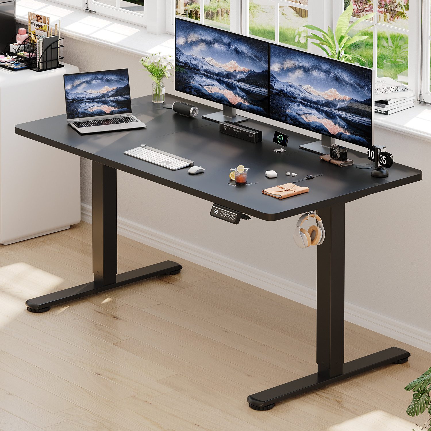 HOMALL Schreibtisch Höhenverstellbar elektrischer Memory-Funktion 100/120/140/160/180cm (Zweistufige Hohenverstellung Ergonomischer Kopfhorerhaken und Kabelhalterung)