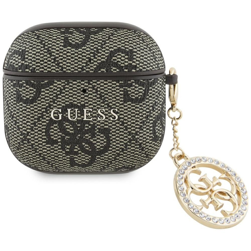 Guess Kopfhörer-Schutzhülle Case AirPods 4 Kunstleder braun Logo Metal Kette Strass goldfarbig, Kantenschutz