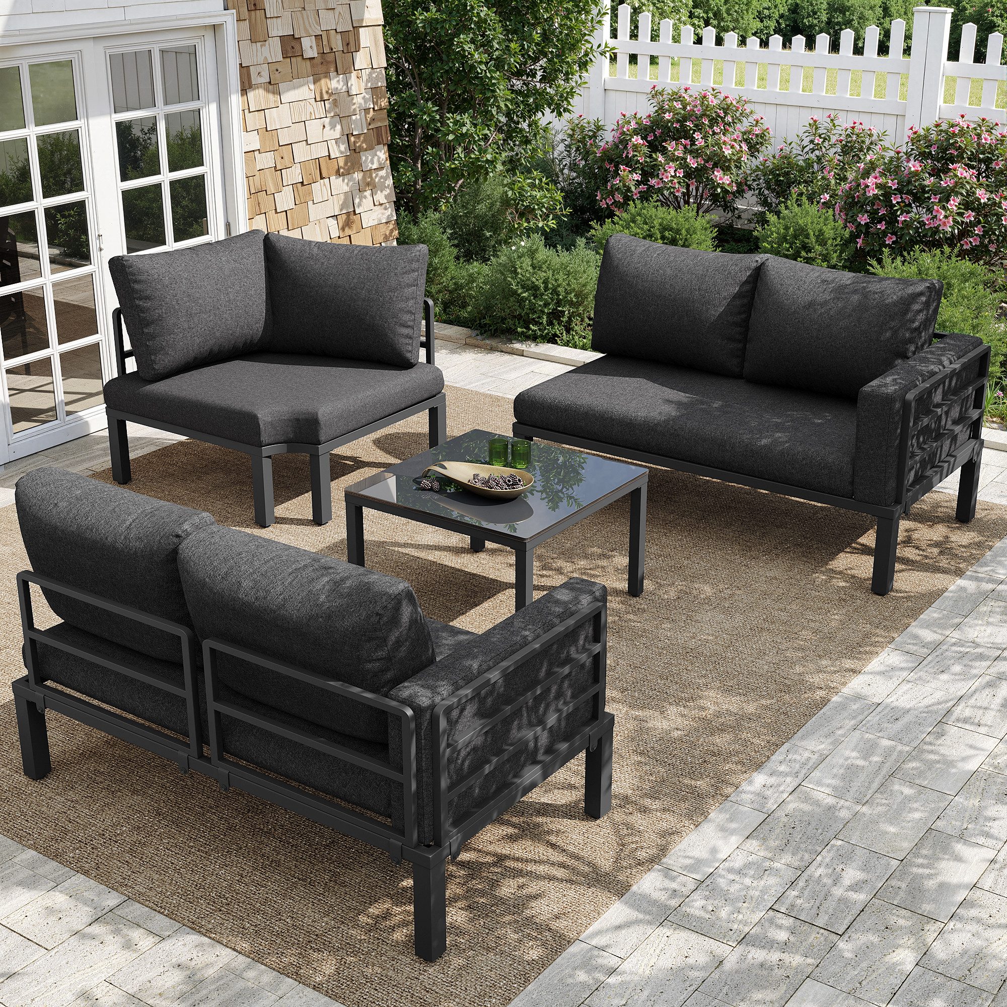 Flieks Gartenlounge-Set, 5-Sitzer Gartenmöbel Gartensofa mit Couchtisch aus gehärtetem Glas