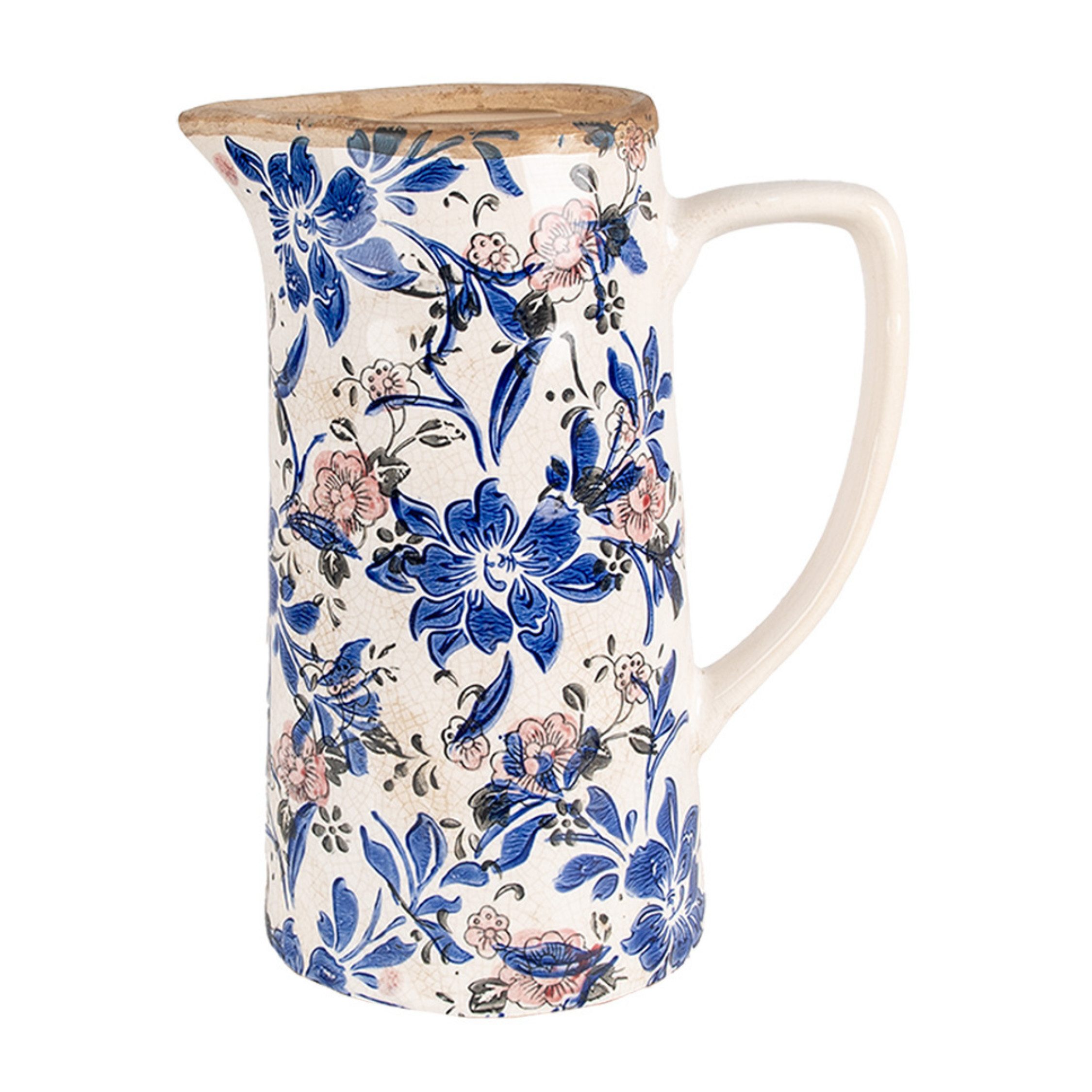Clayre & Eef Dekovase Clayre & Eef dekorative Kanne Blau Beige mit Blumenmotiv