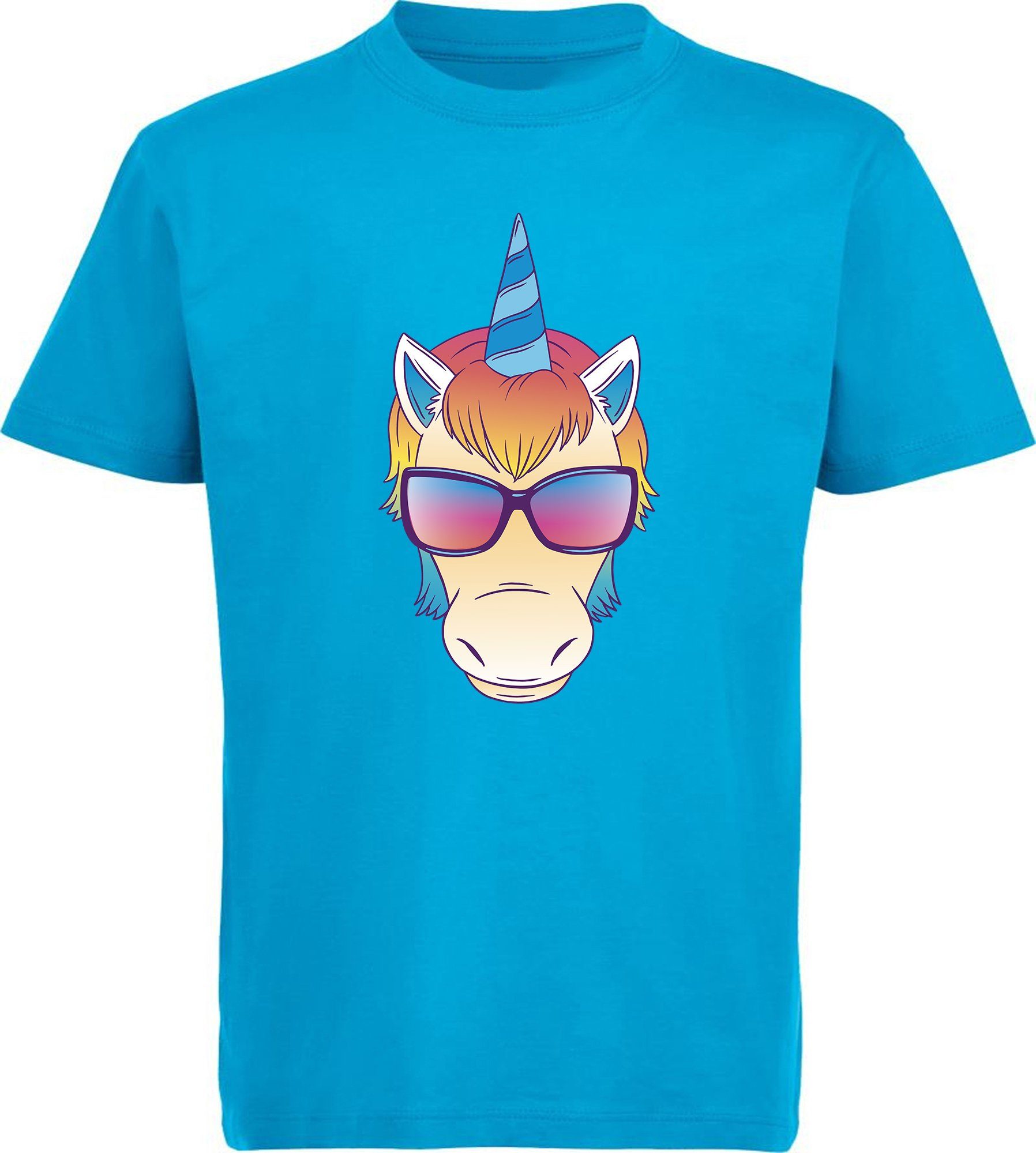 MyDesign24 T-Shirt Kinder Print Einhorn blau - Baumwollshirt mit bedruckt Shirt i255 Kopf mit aqua Aufdruck, Sonnenbrille
