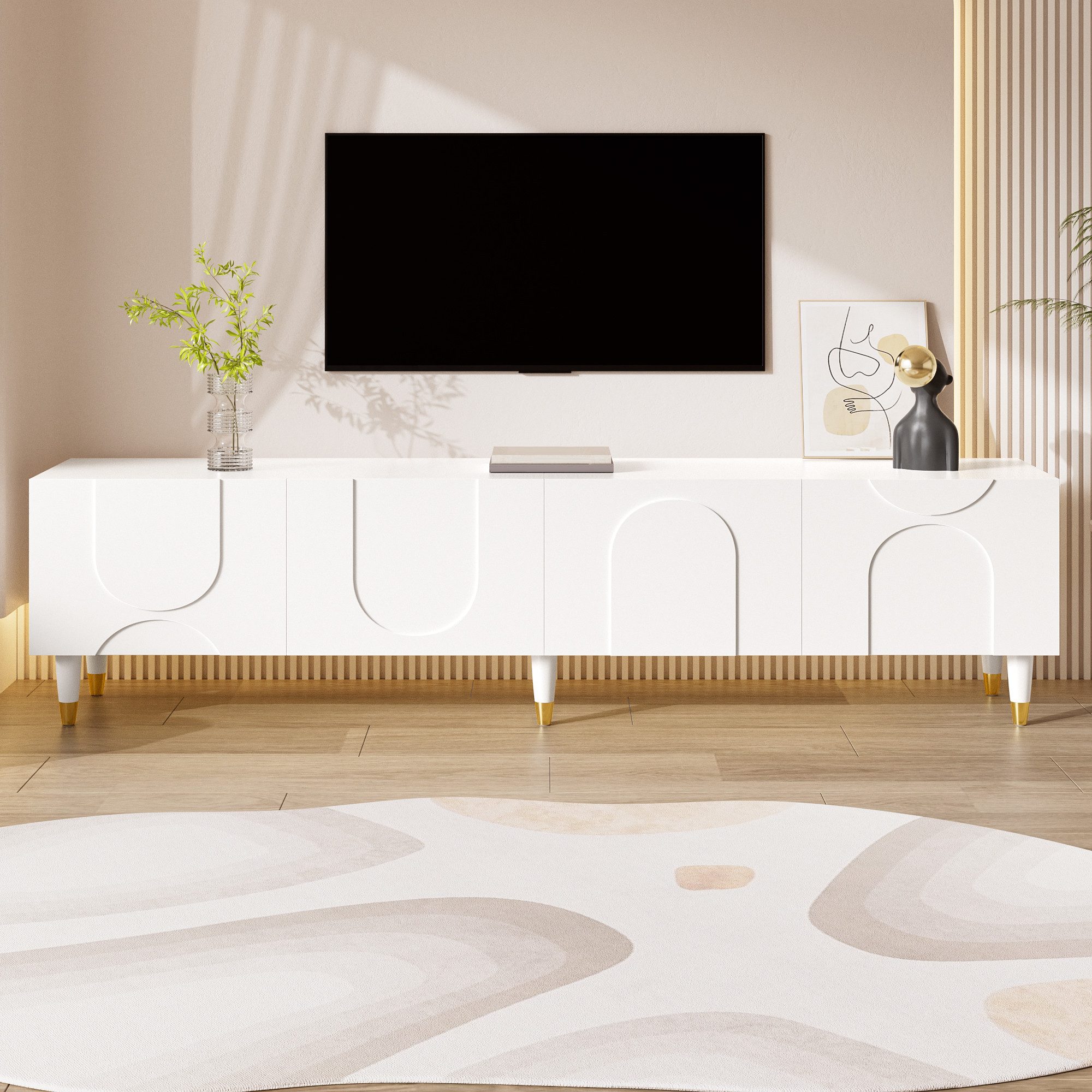 Merax Lowboard mit asymmetrischem Bogenrelief (180 x 40 x 50 cm, 1 St), TV-Schrank mit 4 Türen, Mehrfachstauraum & Massivholzbeine