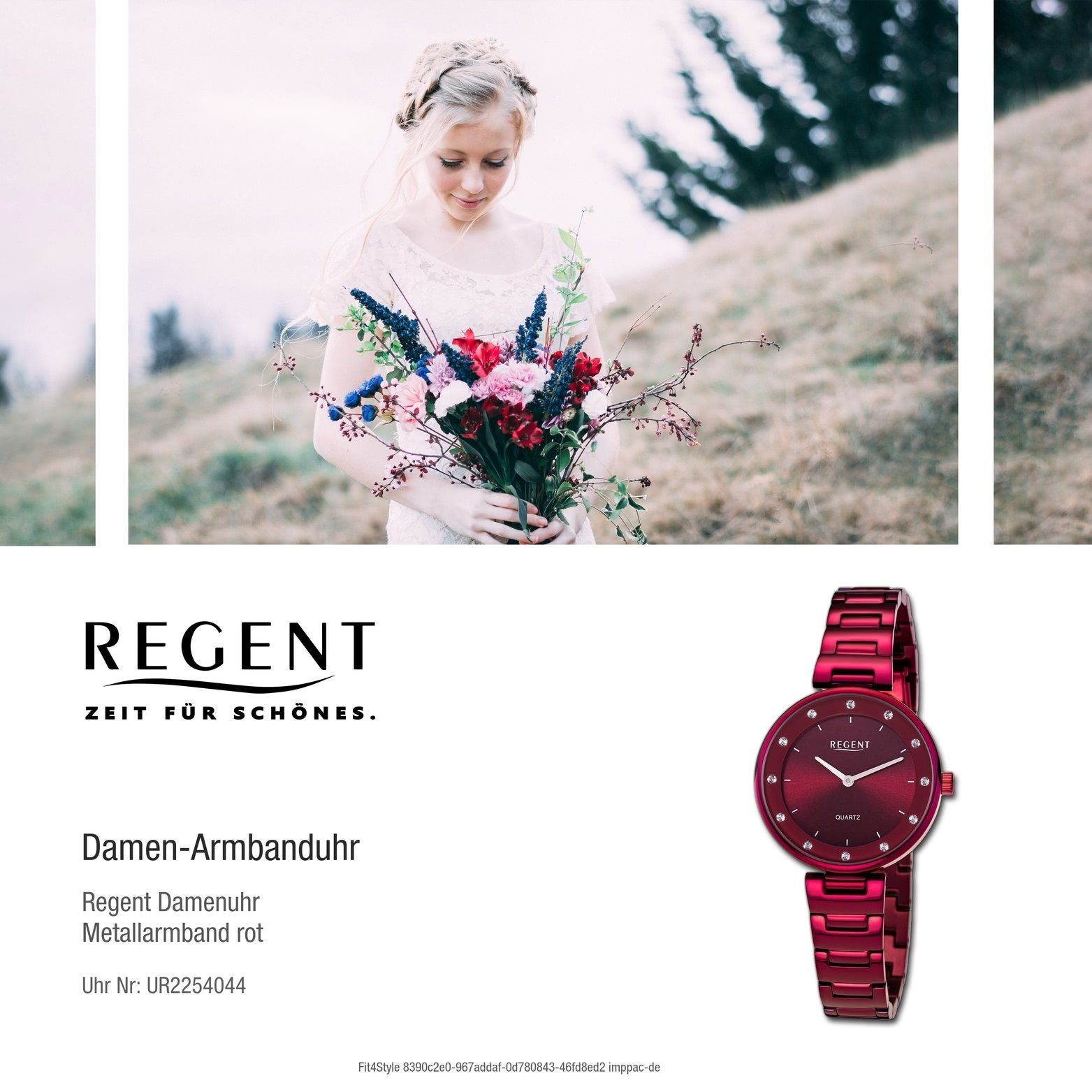 Regent Quarzuhr (ca. Armbanduhr groß Gehäuse, Regent Damen rot, Damenuhr Metallarmband extra rundes 34mm) Analog