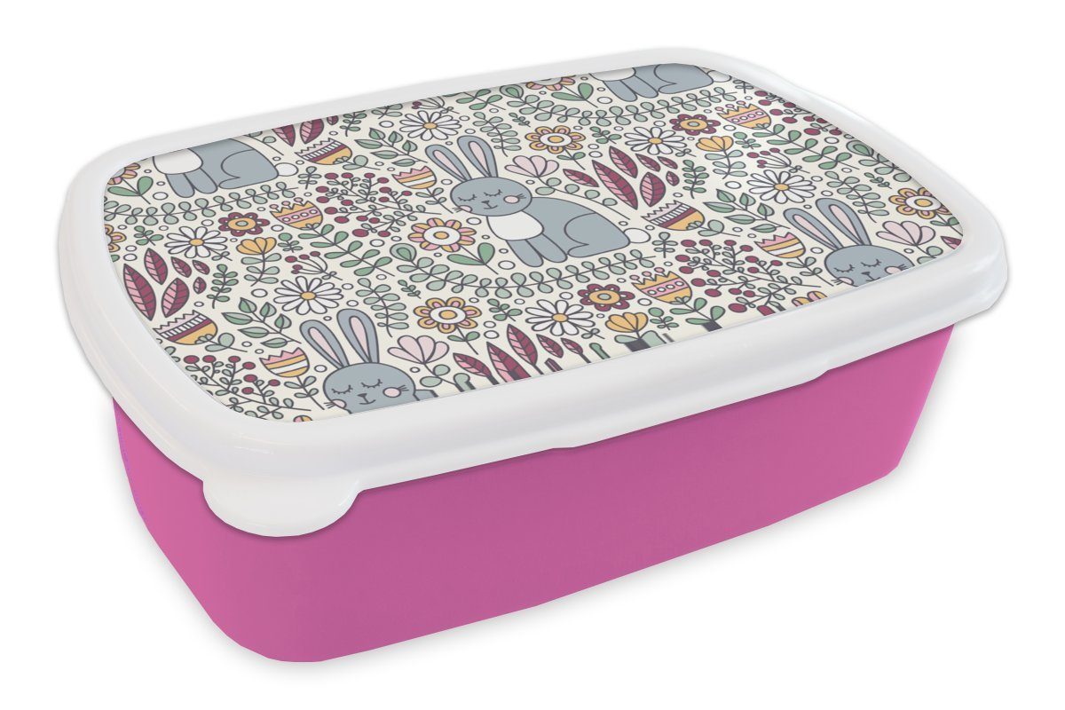 MuchoWow Lunchbox Kaninchen Brotbox - rosa Kinder, Mädchen, (2-tlg), Kunststoff Brotdose Blumen für Kunststoff, Erwachsene, Design, Kinder - Regenbogen Snackbox, - 