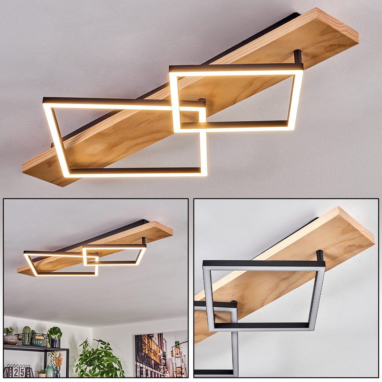 hofstein Deckenleuchte Deckenlampe aus Metall/Holz/Kunststoff in Naturfarben/Schwarz/Weiß, ohne Leuchtmittel, 3000 Kelvin, Leuchte im modernen Design, 28 Watt, 3800 Lumen, 3000 Kelvin