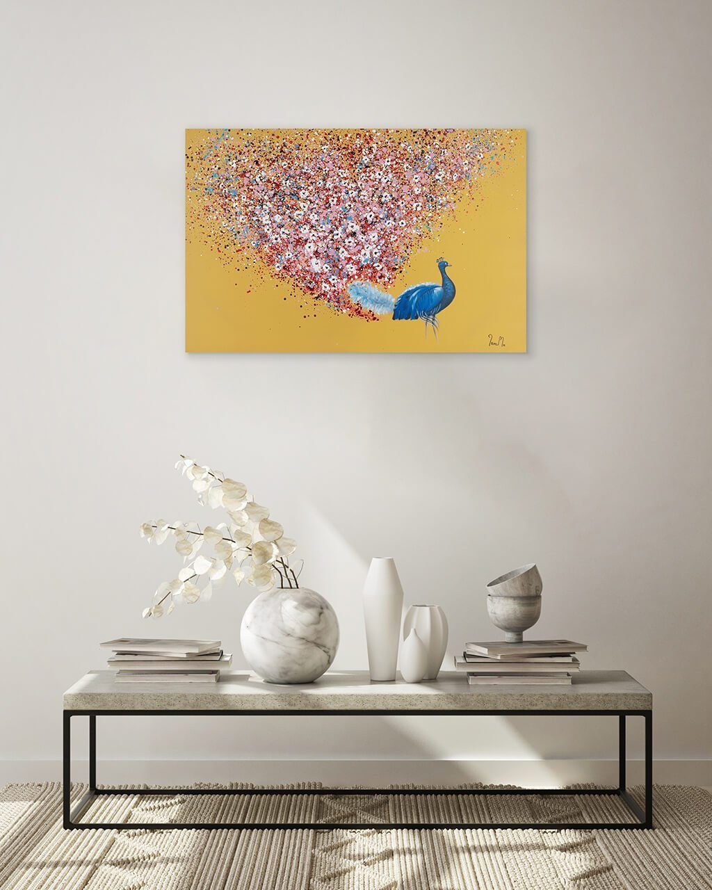 KUNSTLOFT Gemälde Floral Wandbild Peacock 90x60 100% Wohnzimmer HANDGEMALT cm, Leinwandbild