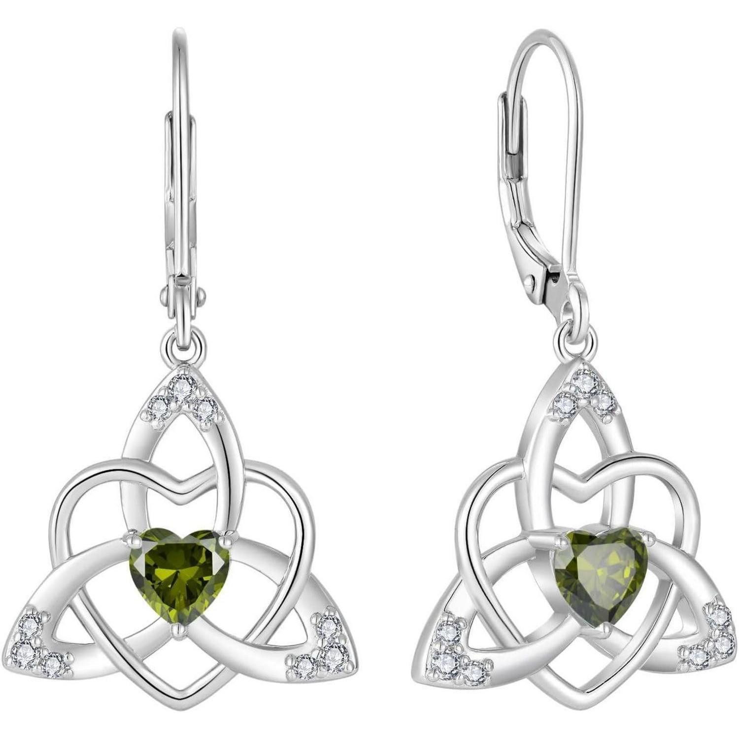 Paar Ohrhänger Keltischer Herz Knoten Ohrringe 925 Silber Geburtsstein Peridot