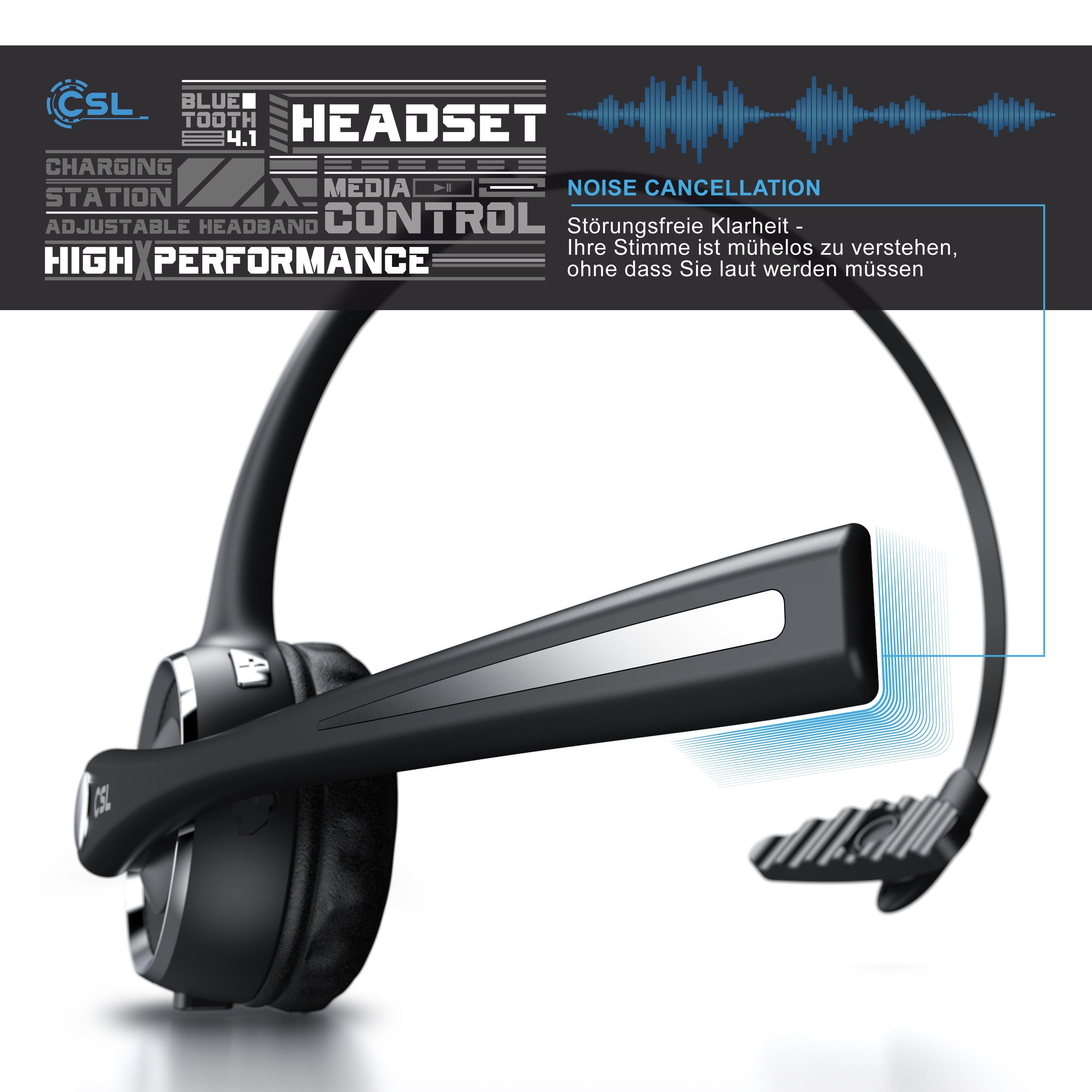 CSL Bluetooth 5.0 Kopfhörer mit Mikrofon & Ladestation Wireless-Headset (Bluetooth, Noise Cancel & Multipoint, kabellos für Auto, LKW und Computer)