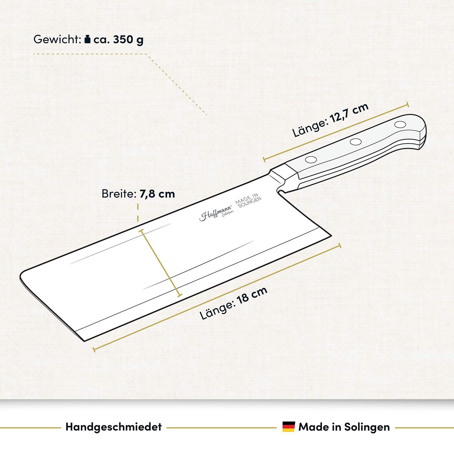 Hoffmann Germany Hackmesser Küchenbeil Chinesisch handgeschmiedet Solingen 18 cm – rostfrei, X50CrMoV15, 58 HRC, Glatter Schliff, POM-Griff, Solingen