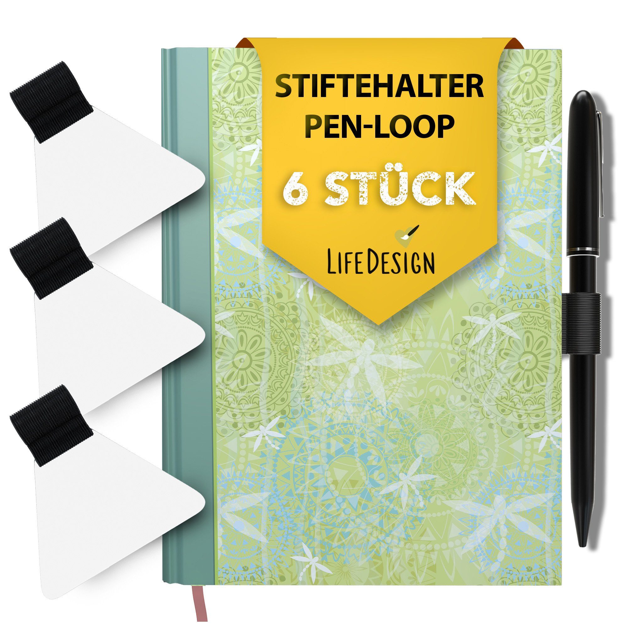 alle Stiftarten 6er Bücher Pen-Loop Stiftehalter, Set, & selbstklebend LifeDesign Notizbuch für Stifthalter,