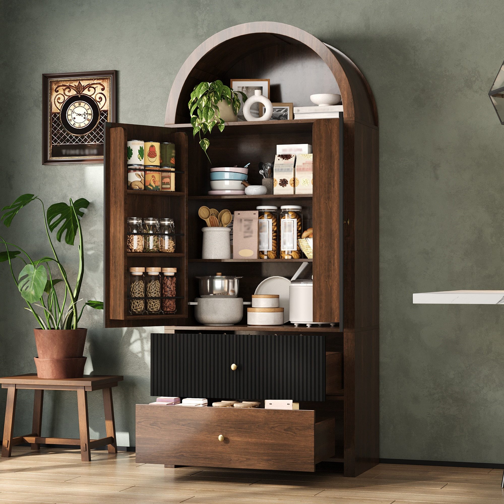 Celya Hochschrank Bogenschrank, Küchenschrank, Weinschrank mit Türablagen (mit 3 Einlegeböden, offenem Oberfach und 2 Schubladen) für Küche, Esszimmer,Wohnzimmer,Schlafzimmer