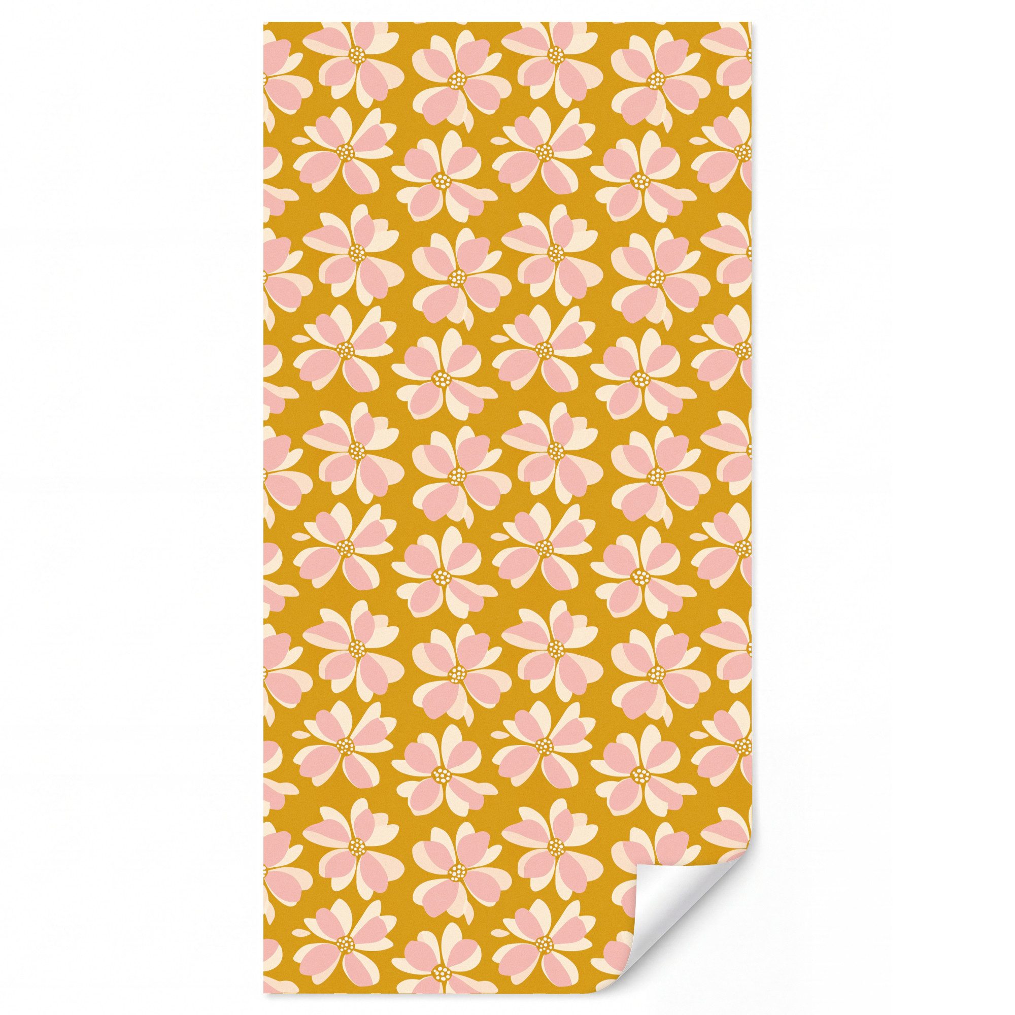 OnlyWow Fototapete Vintage - Blumen - Ockergelb, Matt, bedruckt, Wandtapete, Schlafzimmer, Wanddekoration 100x220cm