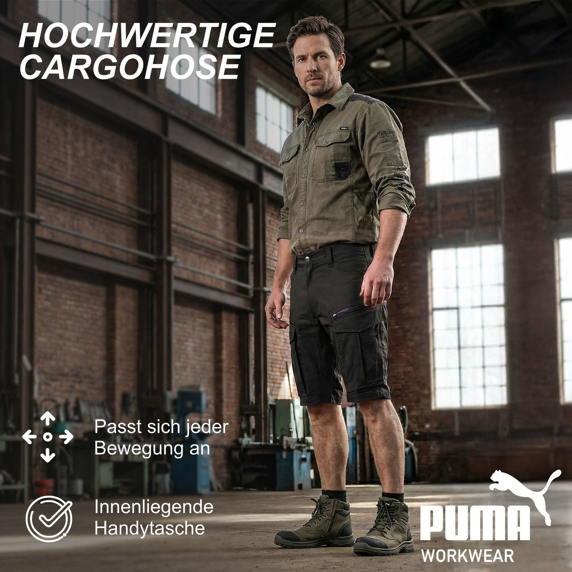 PUMA Workwear Cargoshorts kurze Arbeitshose Herren - Robuste Shorts mit Stretch & Ripstop-Gewebe Gummizug im Bund - Erhöhtes Rückenteil - Hammerschlaufe - Handytasche
