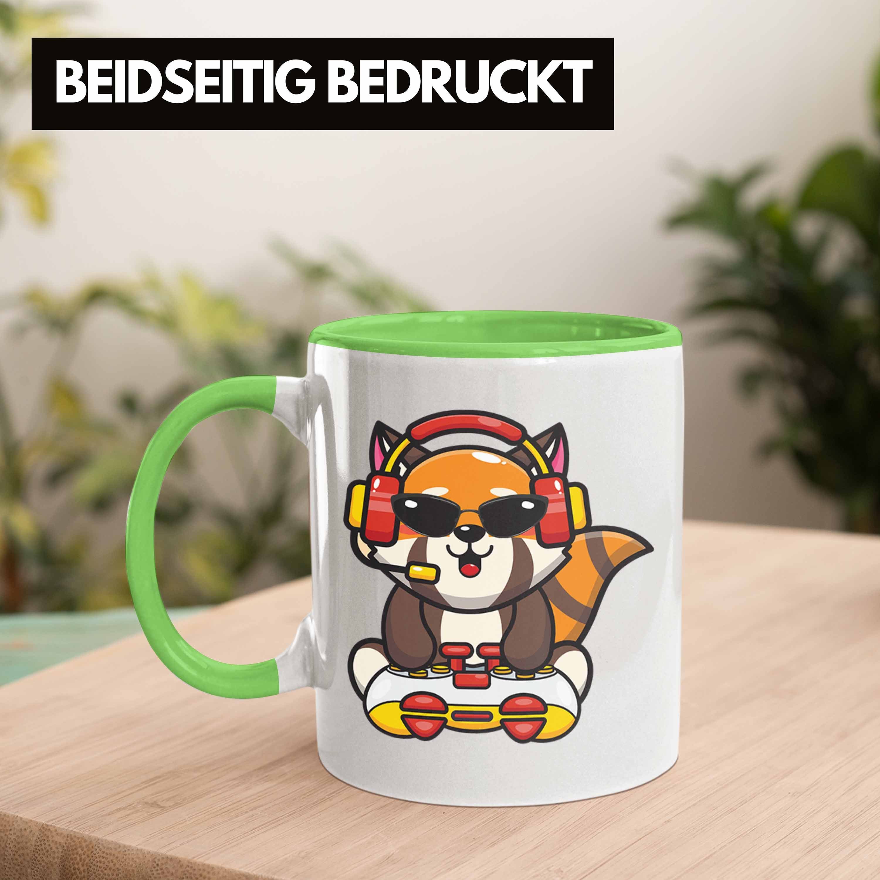 Kinder Tasse Geschenkidee Trendation - Gamer Panda Jungen Grafik Grün Lustige Jungs für Gaming Mädchen Gaming Trendation Tasse