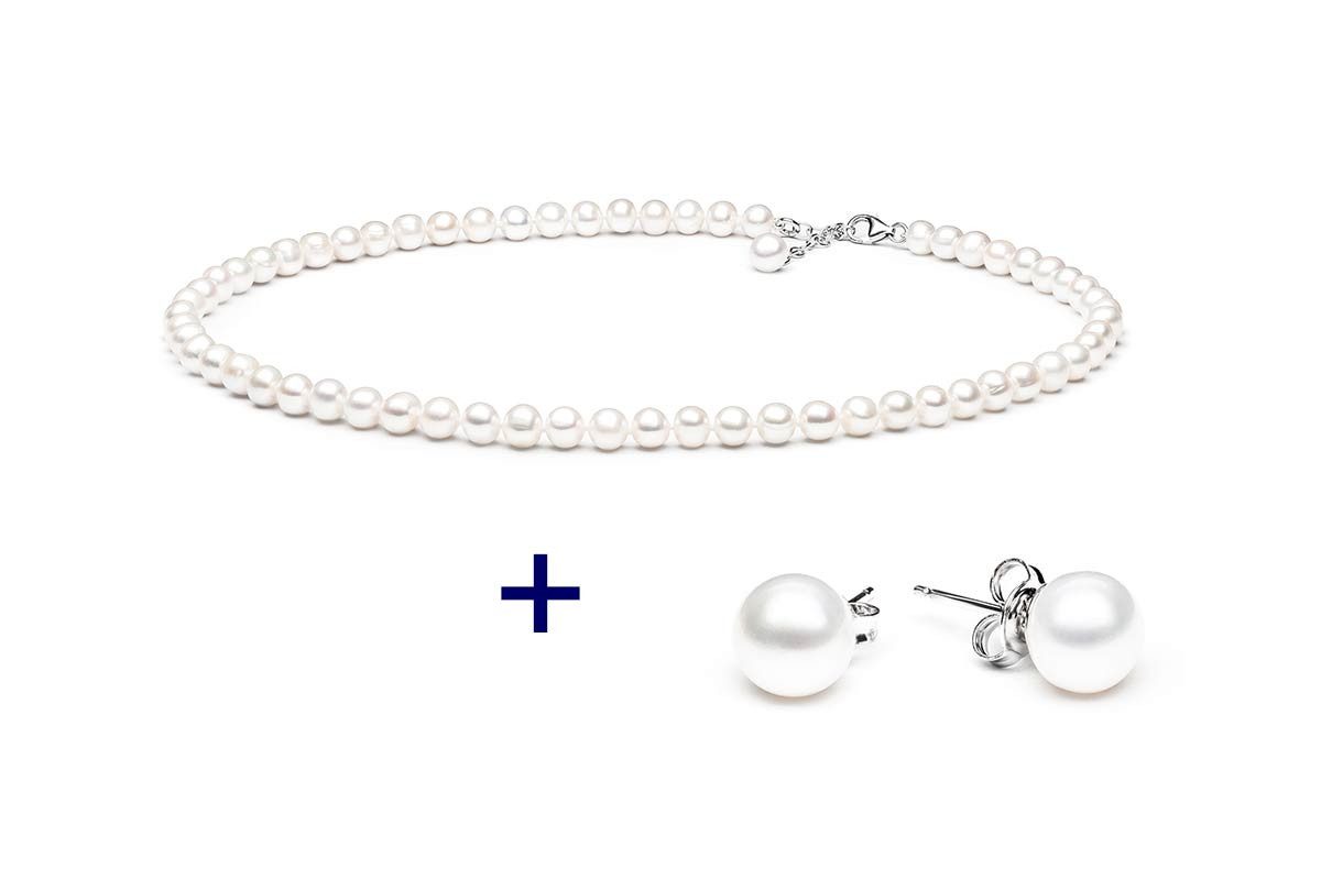 Gaura Pearls Schmuckset Perlenkette und Perlenohrstecker - weiß, rund, 7 mm (Set, 2-tlg., inkl. Schmuckbox), 925er Sterlingsilber, rhodiniert