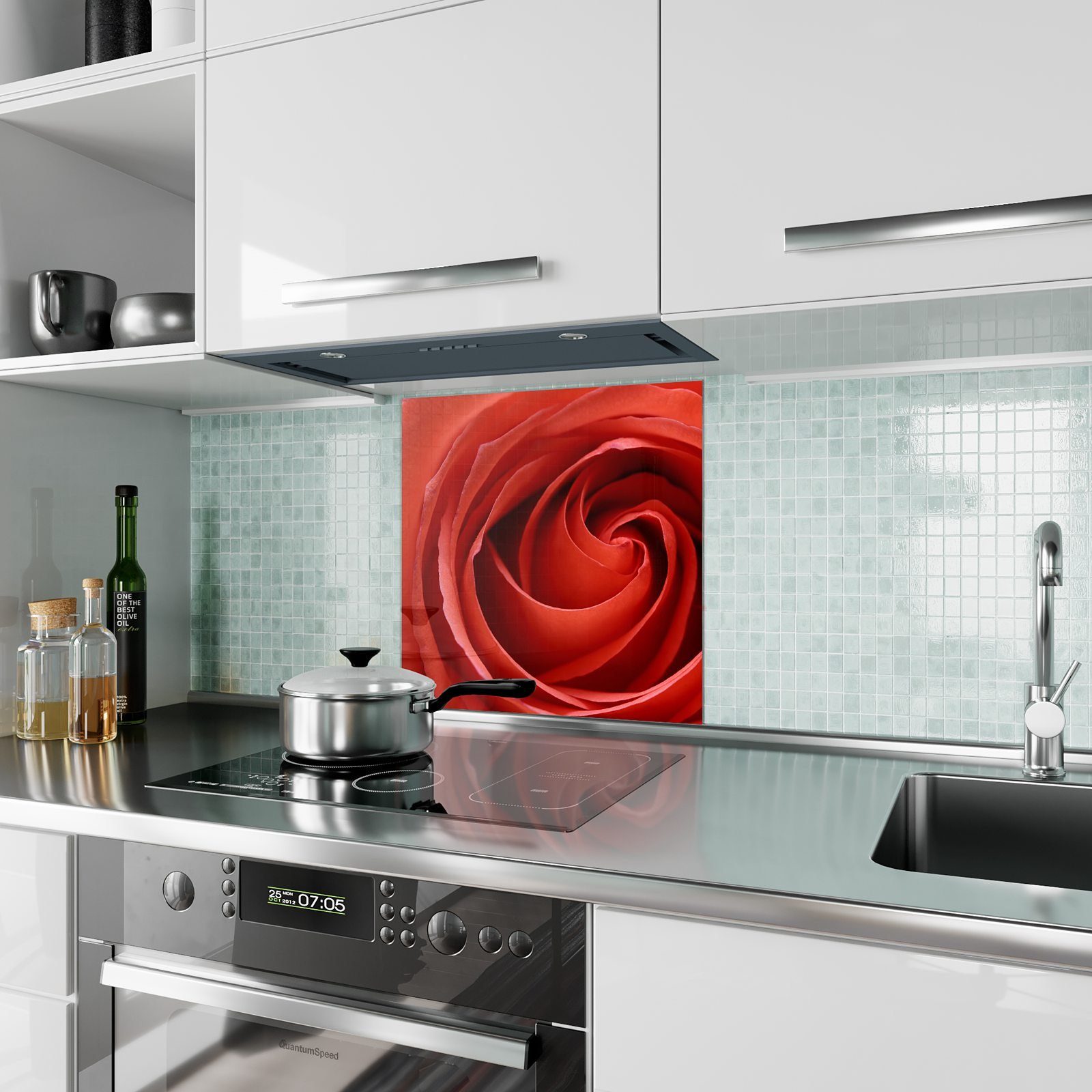Primedeco Küchenrückwand Spritzschutz Rosenblatt von Glas Nah