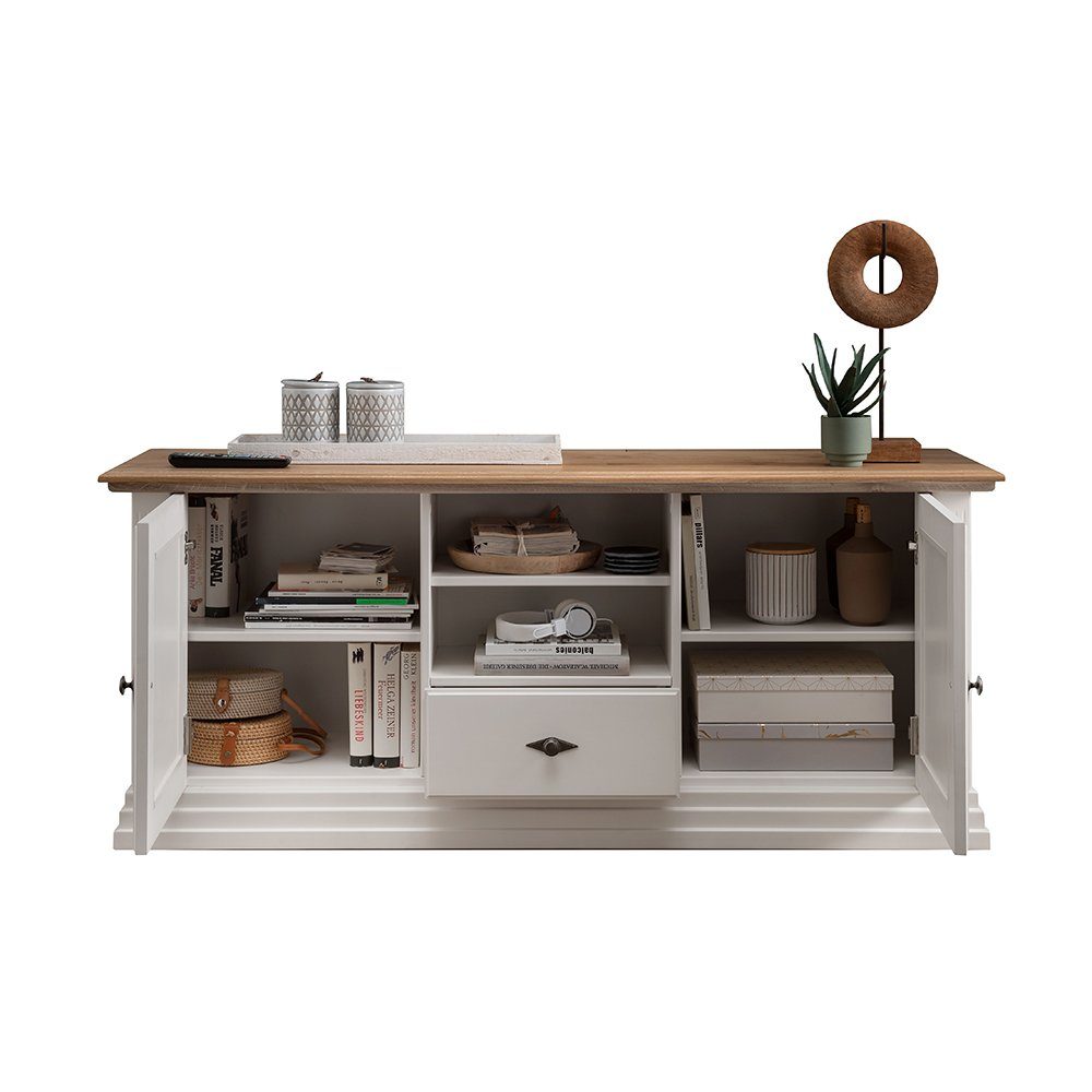 Lomadox Lowboard ESBJERG-69, 157cm, Kiefer weiß lackiert mit Eiche geölt, Landhausstil