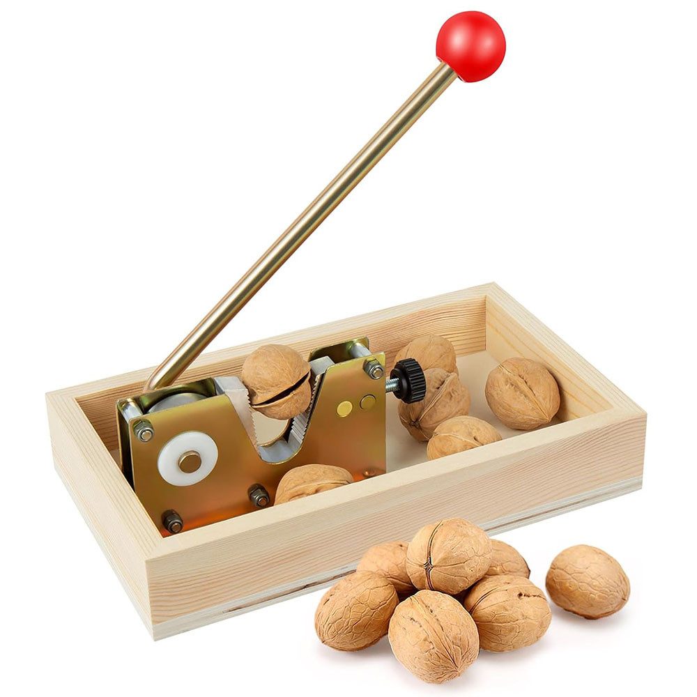 AFKSMILE Nussknacker Verstellbarer Nusshalter mit Aufbewahrungskorb aus Holz für Nüsse, Eine manuelle Nusszange mit Hebelmechanismus, Robust & Langlebig