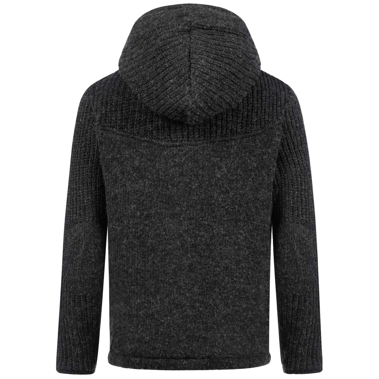 KUNST UND MAGIE Strickjacke Strickjacke Schurwolle Klassich Nordisch Wolle +Kapuze Kragen Schwarz