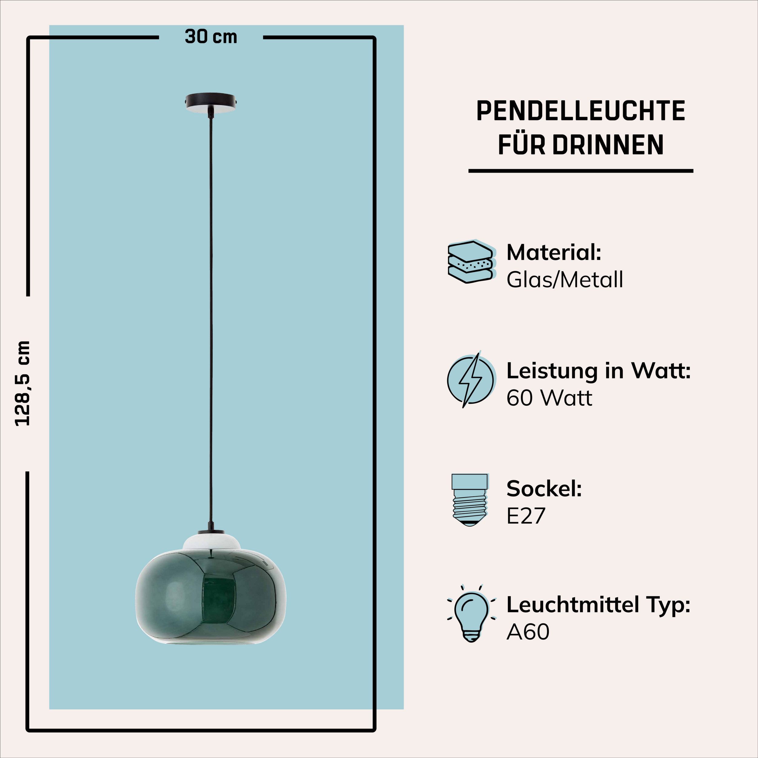 Lightbox Pendelleuchte, ohne Leuchtmittel, dimmbare Hängelampe mit grünem Glas-Schirm und kürzbarem Kabel Metall