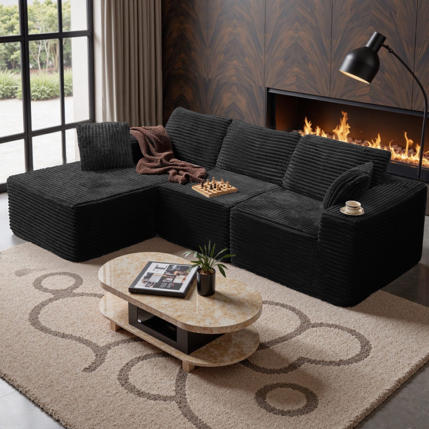 HawthyHome Ecksofa mit Schlaffunktion, Liegesessel, 3 Rückenlehnen & 4 Kissen, Modulares Ecksofa L-Form Cordstoff, frei kombinierbar