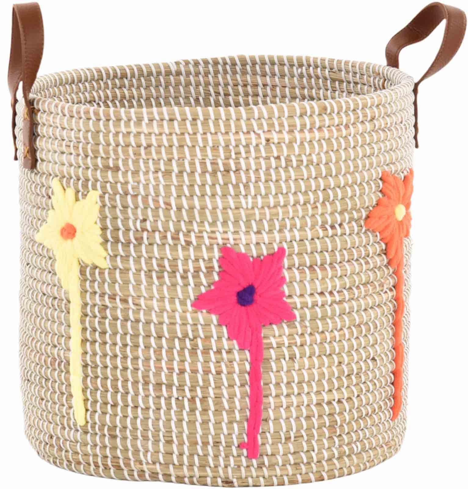 Krines Home Flechtkorb Handgearbeiteter Seegras Dekokorb mit Blumenmuster zur Aufbewahrung (1 St., und 2 Stück), Flechtkorb Korb Natur Rund mit weißen Wicklungen