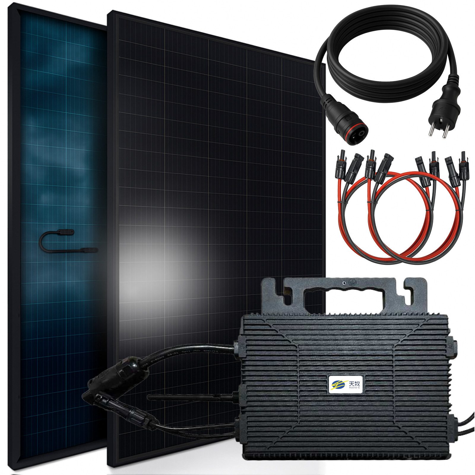 SUNNIVA Solaranlage 920W BIFAZIAL FULLBLACK komplett Steckdose, 800 W, (ASTRO-E 800W Wechselrichter, PV Solaranlage, 2x 460W Glas-Glas Solarmodule, inkl. 5m Kabel, Bluetooth WIFI, Komplettset)