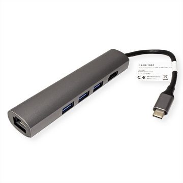 VALUE USB Typ C Dockingstation, HDMI 4K, 3x USB Typ A, Gigabit Ethernet Computer-Adapter USB Typ C (USB-C) Männlich (Stecker) zu HDMI Typ A Weiblich (Buchse)